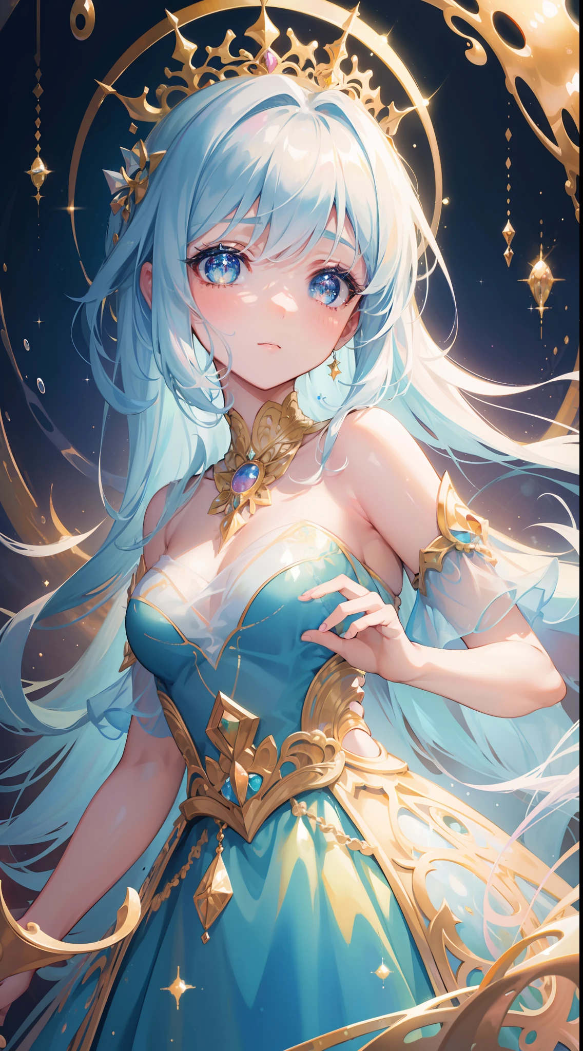 masterpiece, best quality, 8k resolution, sharp focus, intricate detail, beautiful girl, sparkling eyes, golden ratio face, otherworldly liquid, watercolor, pastel colors, bright colors, whimsical, colorful, sharp focus, high resolution, fine detail, princess layered ballgown, ((round eyes)), iridescent bubbles, magical