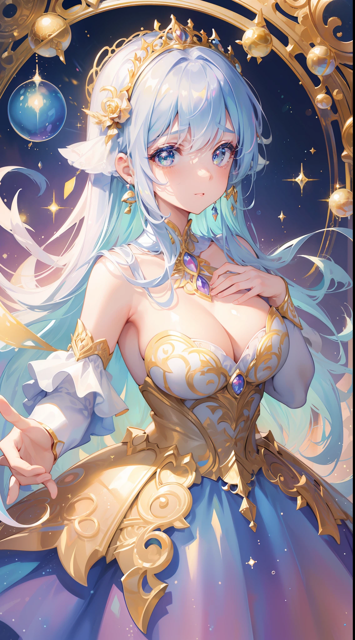 masterpiece, best quality, 8k resolution, sharp focus, intricate detail, beautiful girl, sparkling eyes, golden ratio face, otherworldly liquid, watercolor, pastel colors, bright colors, whimsical, colorful, sharp focus, high resolution, fine detail, princess layered ballgown, ((round eyes)), iridescent bubbles, magical