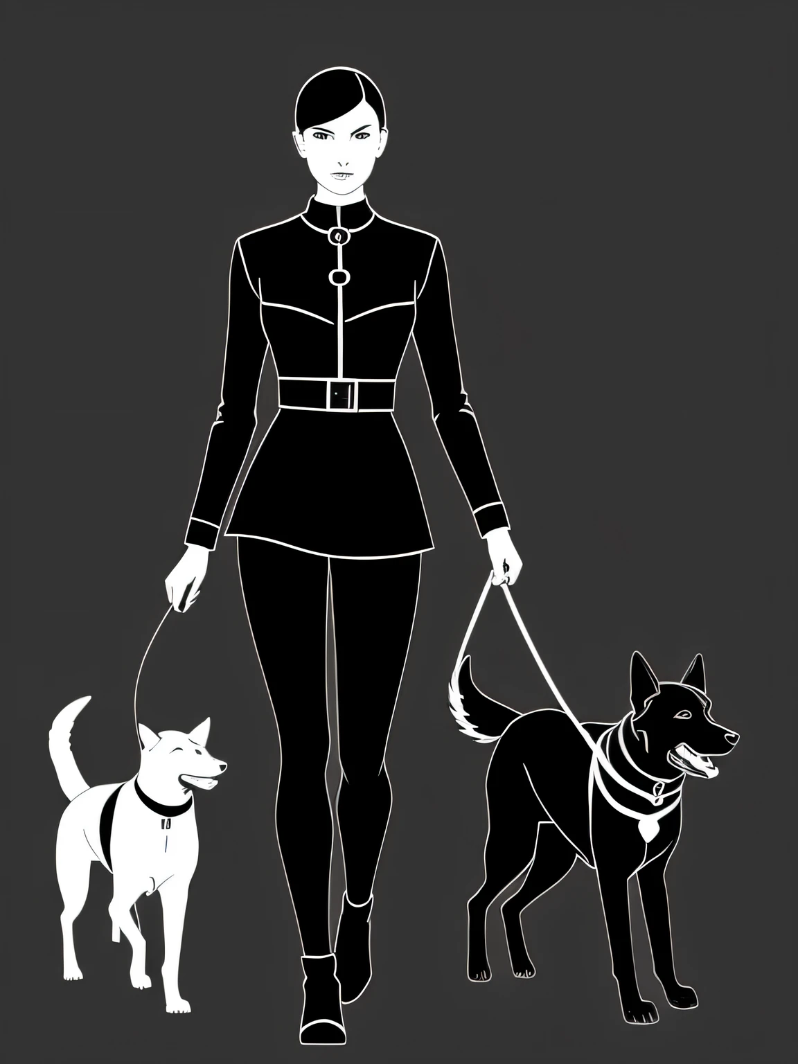 Vector-art of a (person_walking_a_dog using expressive lines: 1.3). Create a continuous line drawing of a person walking a dog or multiple dogs on a leash. Use varying line thickness and curvature to add a sense of fluidity and energy to the illustration. Add subtle details, such as the person's outfit or the dog's collar, to give the artwork personality. Keep the color palette minimal or use a pop of color to highlight specific elements. This style should be both elegant and engaging, isolated, black background, in the style of 0mib