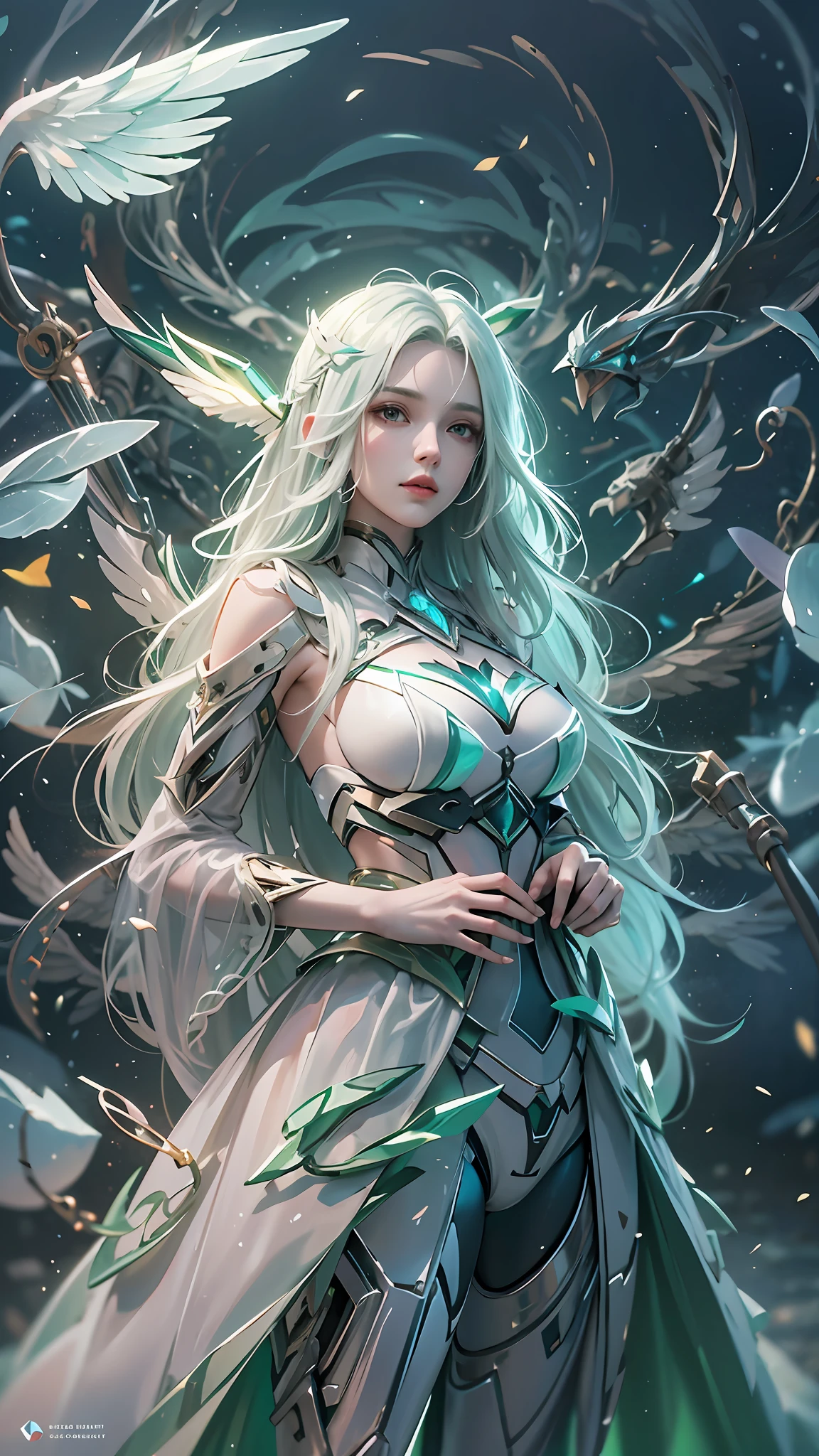 a beauty girl，Green mech，As graceful as a swan，Enchanting，long  white hair，Green body，White hands，Lab Room，future-tech，fully body photo，standing on your feet，dreamy scenes，dyna，super detailing，celshaded，8K detail post-processing，magnifica，hyper photorealism，8K，Epic composition，Complicated details，unreal-engine，Holy Angel Mecha，Mechanical exoskeleton，flower  sea，eventide，Angel Maiden，Angel wings，green long skirt，combats，Combat posture