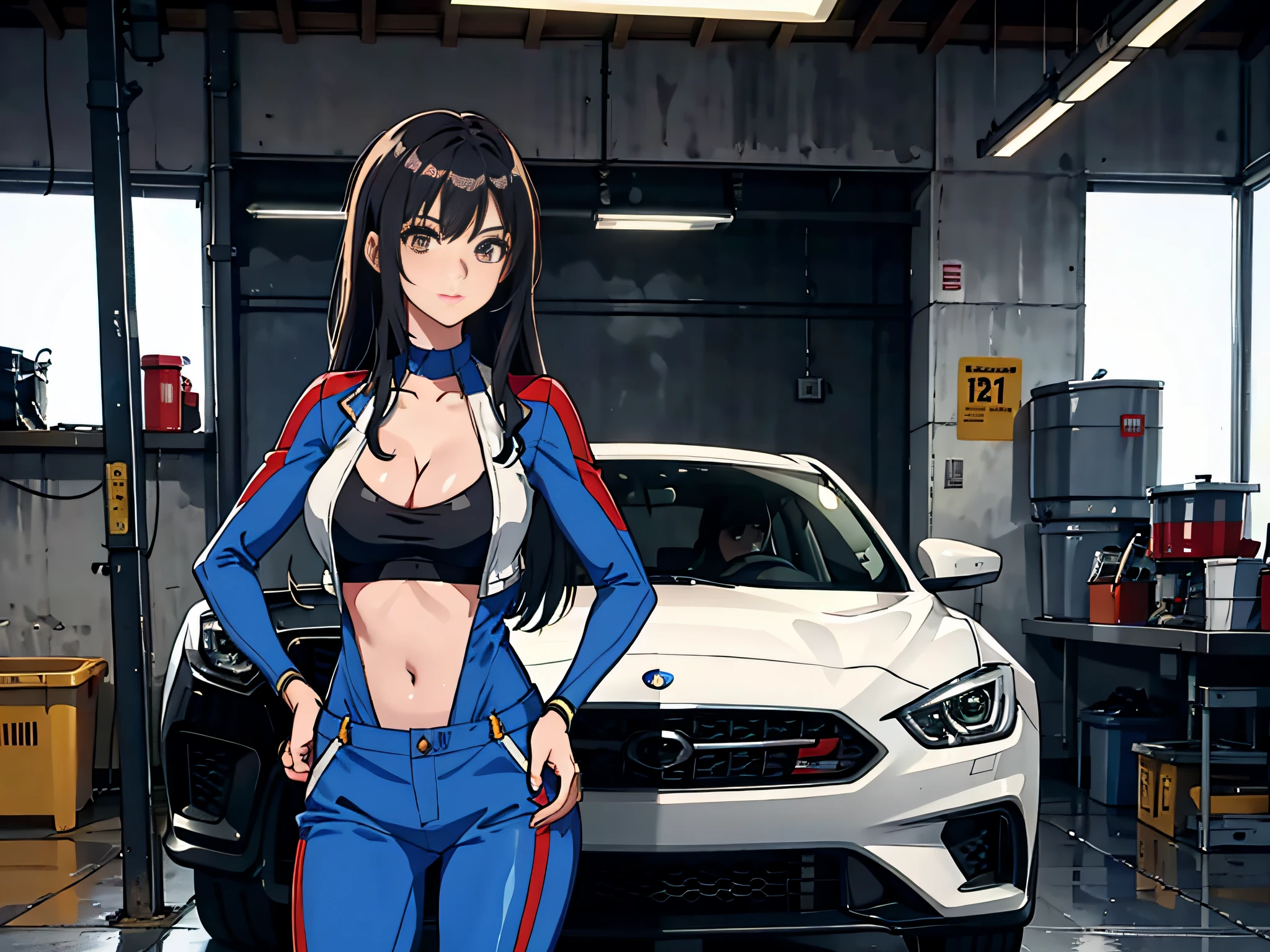 1girll,Solo,Zero, Slender, big breasts beautiful, Young, woman, Coveralls,a repairman,tightsuit, navel,cleavage,Large breasts,The Car,Garage,Garage