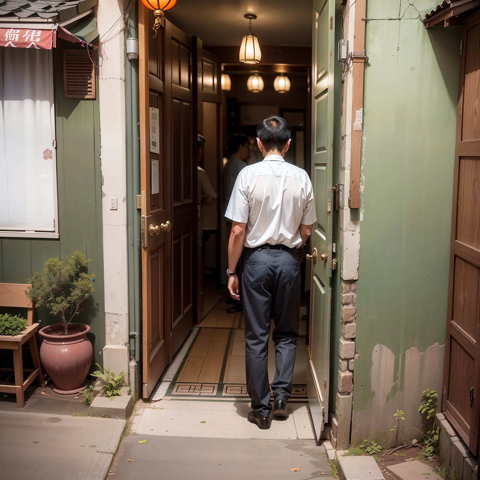 Several thin 50+ years old Asian men in the same clothes stand in various corners of the house, with their backs to you,