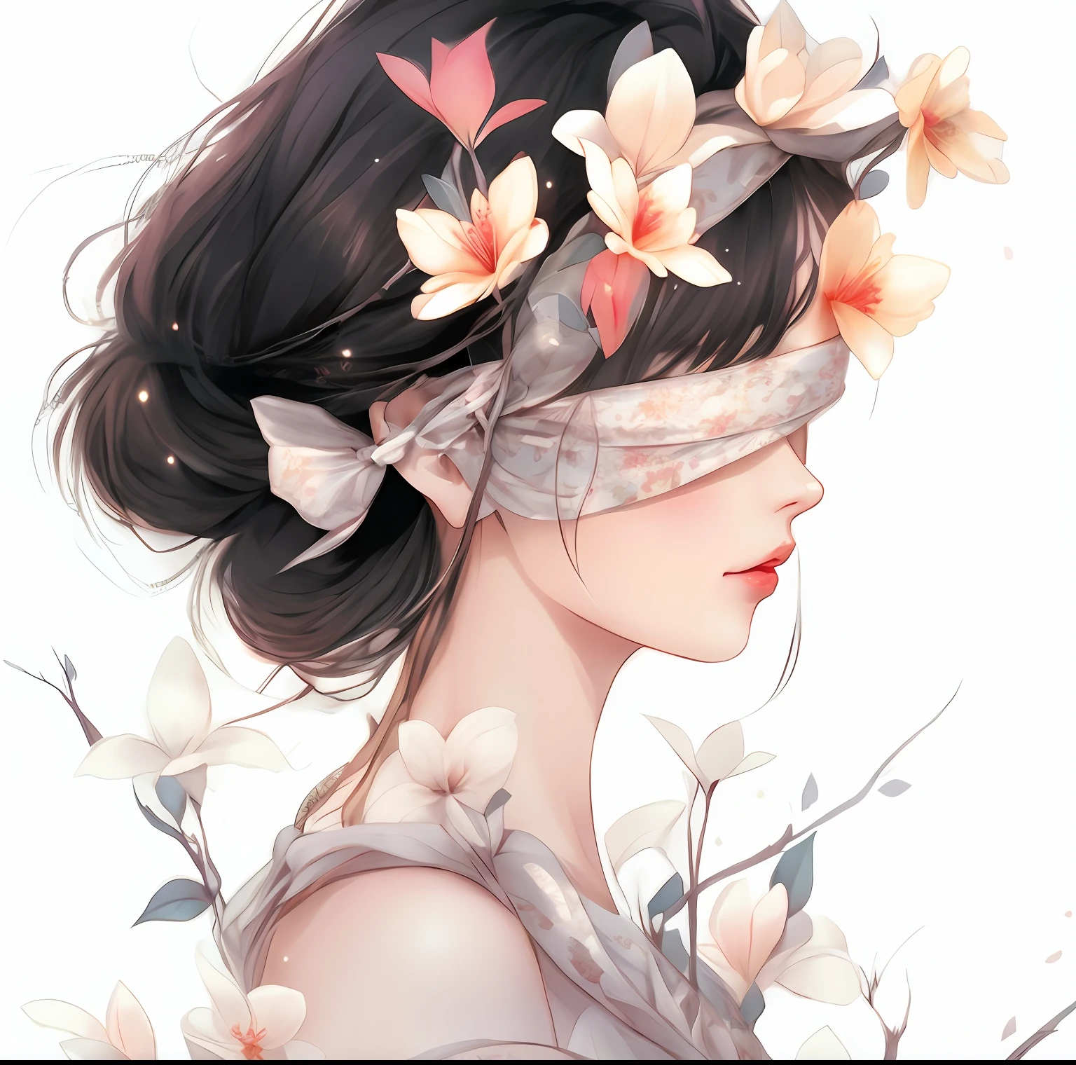 Anime girl with flowers and blindfold in her hair, A beautiful artwork illustration, Exquisite digital illustration, Beautiful digital illustration, Beautiful art UHD 4 K, Beautiful digital artwork, trending on artstration, gorgeous digital art, beautiful digital art, Guviz-style artwork, beautiful gorgeous digital art, Digital anime illustration, Beautiful illustration, Very Beautiful Digital Art