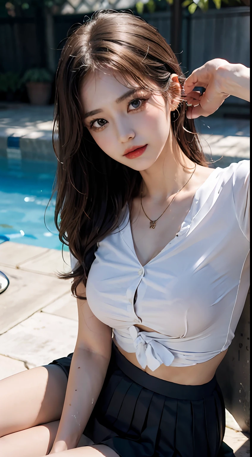 ((top-quality、8K、​masterpiece:1.3))、Crisp focus:1.2、Beautiful woman with perfect body shape:1.4、Slender Abs:1.2、((Colossal tits:1.2))、(Wet white button-up long shirt:1.1)、(Sunny、in poolside:1.2)、a wet body:1.5、Highly detailed facial and skin texture、A detailed eye、二重まぶた、Pleated skirt、White blouses、Female School Uniform、The shirt、Ribbon tie、pleatedskirt、Schools、8K raw photos、hight resolution、19-year-old Korean、very large round breasts、beautiful eyes finely detailed、long eyeslashes、Beautiful double eyelids、eyeshadows、eye line、Slender eyes、elongated eye shape、Sanpaku eyes、Dark Eye Makeup、evil smile、Beautiful and thin legs、Beautiful loose long hair、Tie your hair behind your head、耳Nipple Ring、a necklace、light brown hair、Arm Raising Pose、Beautiful armpits、Kamimei、Valley、Blur the background、Arafe asian woman sitting on ledge near pool, wearing two - piece swimsuit, japanese girl school uniform, Seifuku, Open V chest clothes, Japanese Models, Japan school uniform, girl wearing school uniform, wearing japanese school uniform, JK Uniform, Korean Girl, next to a pool, Smooth white tight clothes suit, shikamimi