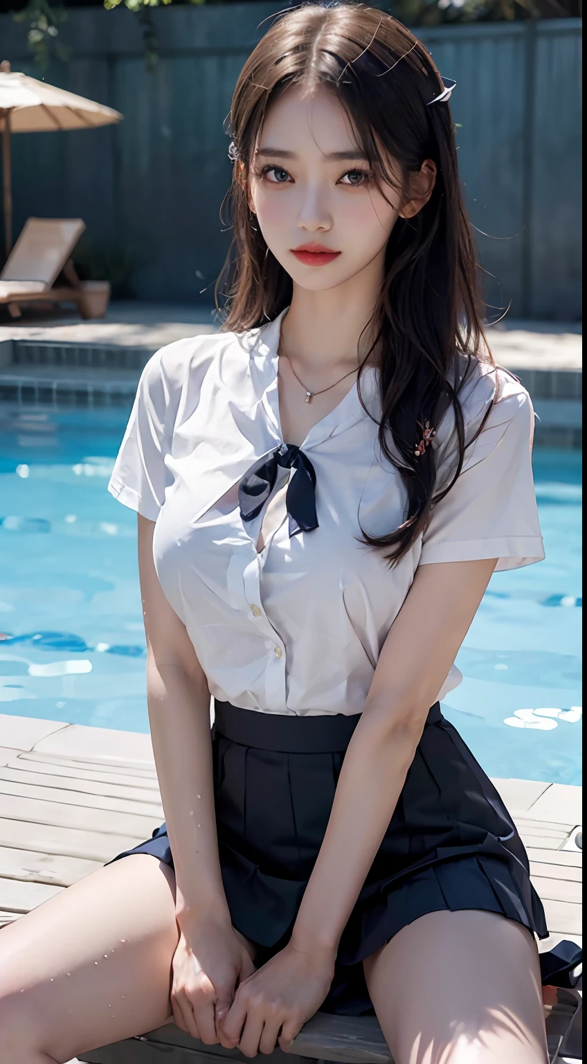 ((top-quality、8K、masterpiece:1.3))、Crisp focus:1.2、Beautiful woman with perfect body shape:1.4、Slender Abs:1.2、((Colossal tits:1.2))、(Wet white button-up long shirt:1.1)、(Sunny、in poolside:1.2)、a wet body:1.5、Highly detailed facial and skin texture、A detailed eye、二重まぶた、Pleated skirt、White blouses、Female School Uniform、The shirt、Ribbon tie、pleatedskirt、Schools、8K raw photos、hight resolution、19-year-old Korean、very large round breasts、beautiful eyes finely detailed、long eyeslashes、Beautiful double eyelids、eyeshadows、eye line、Slender eyes、elongated eye shape、Sanpaku eyes、Dark Eye Makeup、evil smile、Beautiful and thin legs、Beautiful loose long hair、Tie your hair behind your head、耳Nipple Ring、a necklace、light brown hair、Arm Raising Pose、Beautiful armpits、Kamimei、Valley、Blur the background、Arafe asian woman sitting on ledge near pool, wearing two - piece swimsuit, japanese girl school uniform, Seifuku, Open V chest clothes, Japanese Models, Japan school uniform, girl wearing school uniform, wearing japanese school uniform, JK Uniform, Korean Girl, next to a pool, Smooth white tight clothes suit, shikamimi