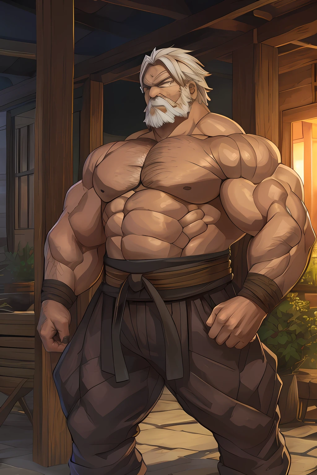 (a weathered and powerful ninja with a muscular build, old man)