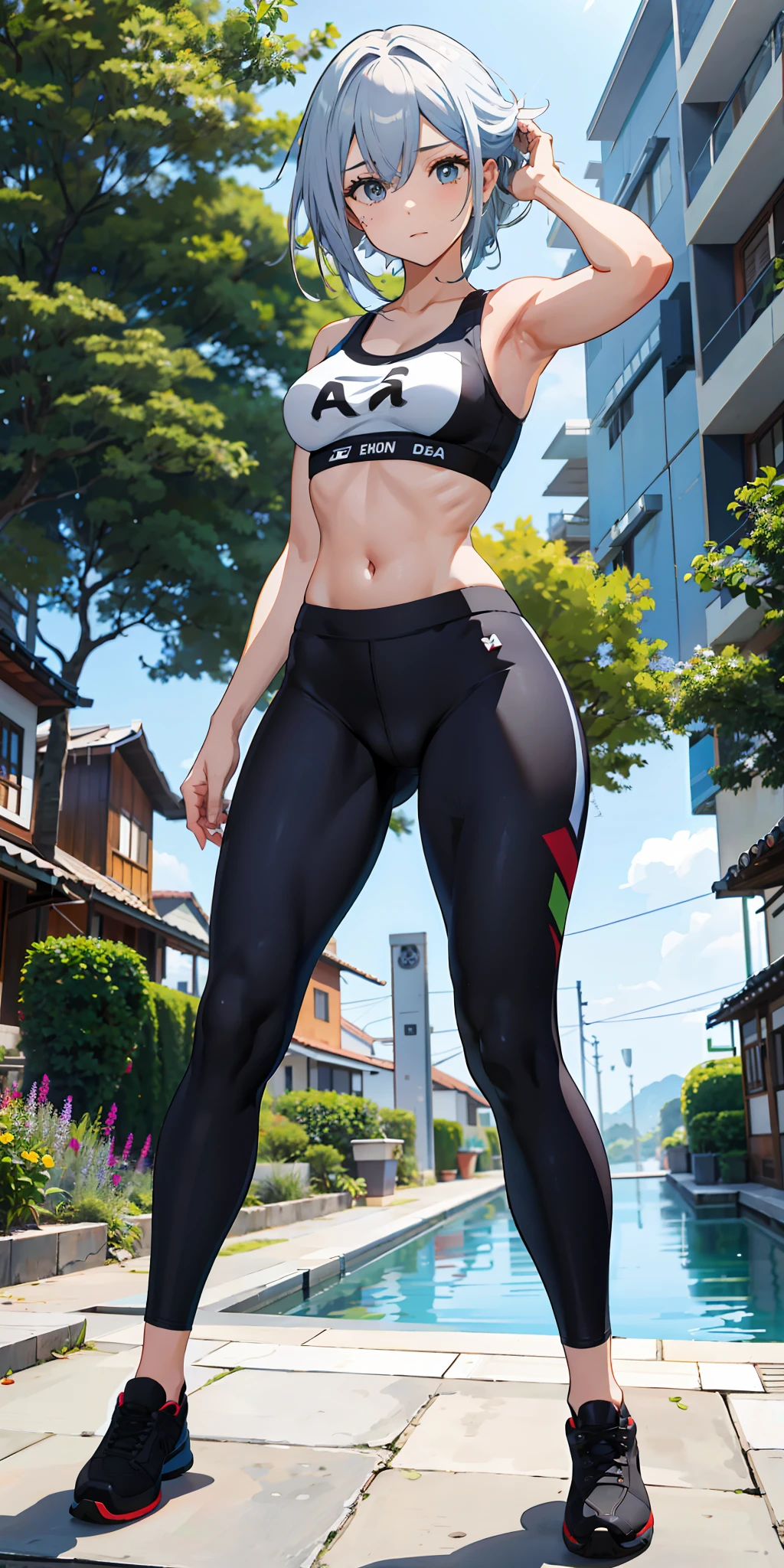 master part, 1girl, Shapely,(Olhos azuis bonitos e detalhados:1.1), cabelos longos, (cabelos prateados:0.70, cabelos azuis:0.30, Dois tons_Hair), corpo inteiro ,De baixo tiro, legging pants, sports bra, Camisa alta, Peito Inferior, camisa branca,