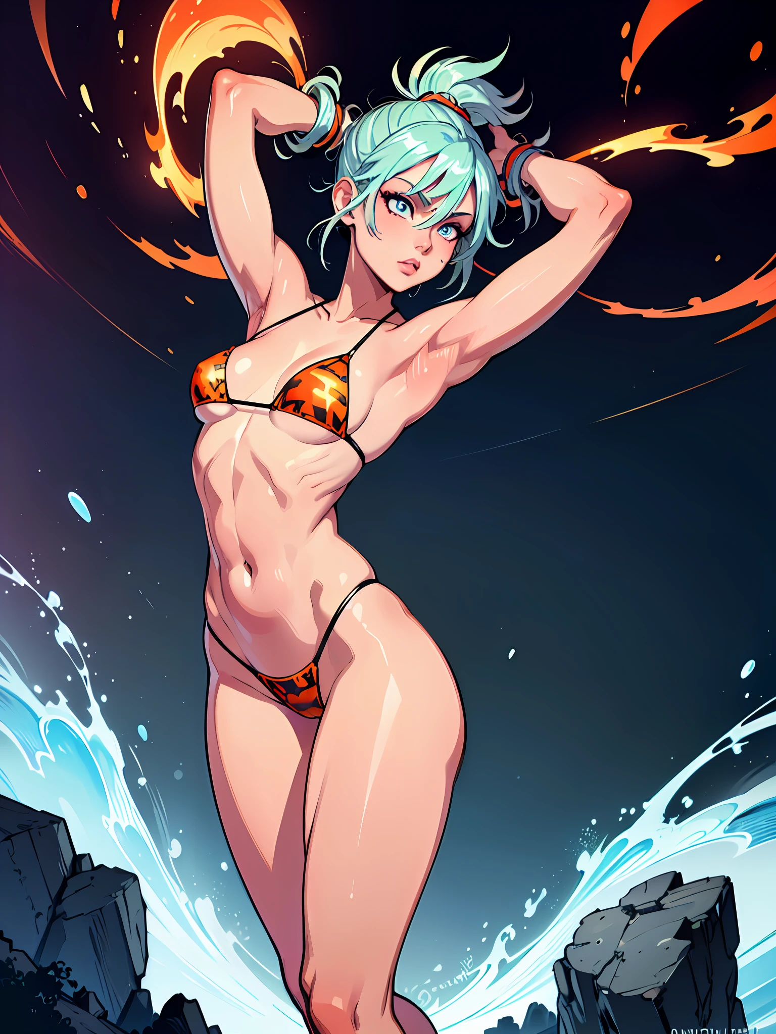 (masterpiece, best quality), girl, wearing micro thong ((orange micro-thong bikini:fire_pattern_design_bikini)) , bio-luminescent_water_world, wide angle, athletic body, shinny_skin, flat chest, silver eyes, green long spiked hair styled in spikes, determined expression, small waist, broad chest, big mane, muscular , illustration, watercolor ink sketch, ((extremely detailed, extremely detailed legs, extremely detailed arms, extremely detailed face, perfectly detailed eyes, perfectly detailed anatomy))