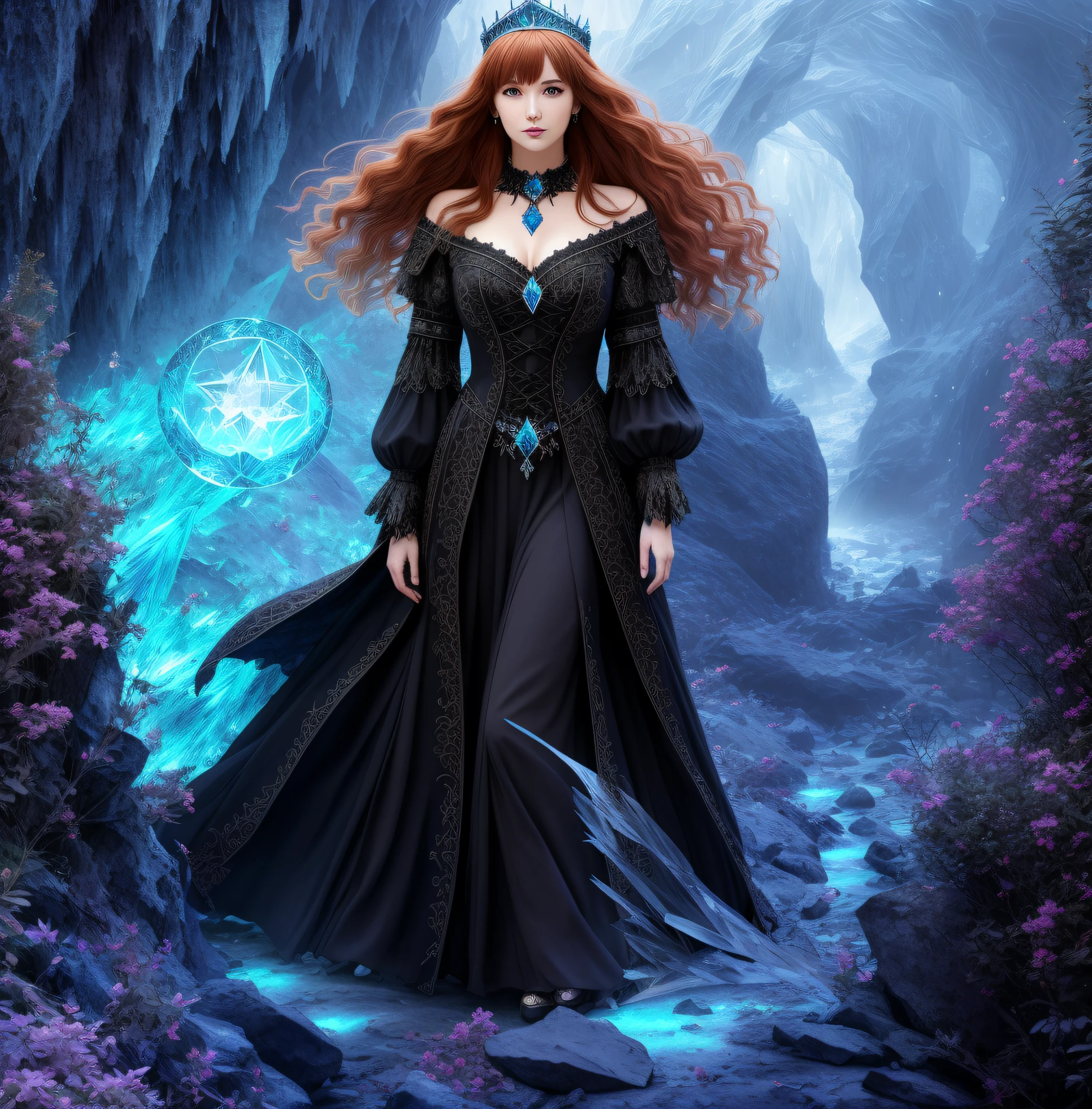 (absurdres, highres, ultra detailed), 1woman, mature female, aged up, wavy long hair, auburn hair, coral eyes, bangs, long sleeves, finely detailed eyes and detailed face, extremely detailed CG unity 8k wallpaper, intricate details, (style-swirlmagic:1.0), looking at viewer, solo, upper body, detailed background, close up, detailed face, (gothic dark ages theme:1.1), crystal sorcerer, dynamic pose, earth themed clothes, crystal crown, floating in the air, glowing magical shards, surrounded by blue magical crystals, rock formations, stalactites, magical floating particles, crystal glass, crystal sphere, crystal canyon background, (shallow water:0.7), epic ethereal atmosphere, updraft,, portrait