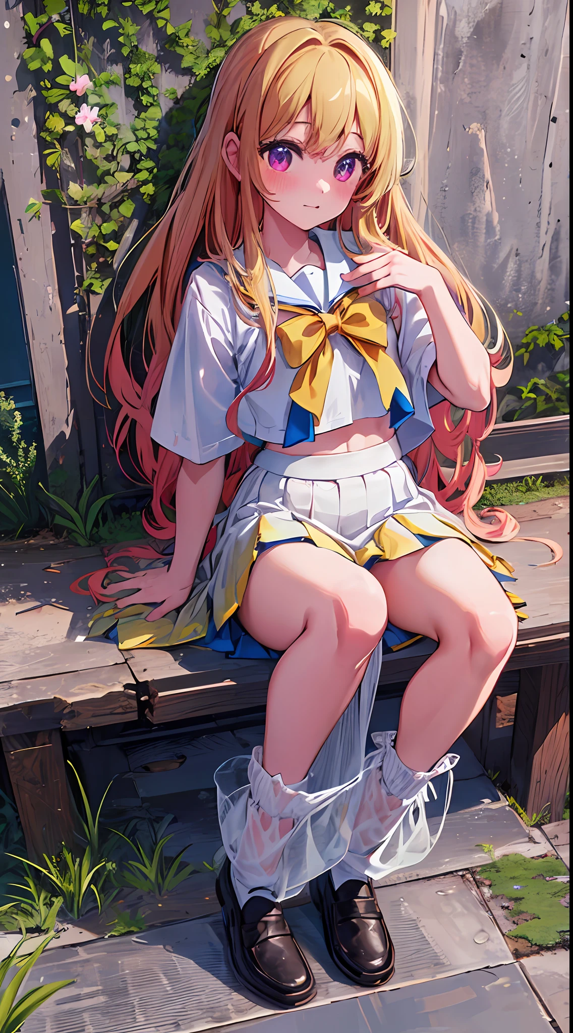 The main girl is beautiful and cute, traditional uniform, neat and clean coordination, "neat and bright uniform coordination", full body, full body illustration, best illustration, realistic and elaborate uniform, high school uniform, , ((highest quality)), ((masterpiece)), (detail: 1.4), anatomical, award-winning concept art, beautiful, fine details, portrait, look viewer, (full body display)), 1 girl, full body, solo, 6 years old, elementary schnt, child a, semi-long hair, red and pyes, big eyes, the pupil of the left eye is star-shaped, characteristic left eye pupil, left eye pupil clear, left eye pupil detailed, cute underwear, panties, long skirt, silk material panties, wet shirt, wet clothes, skirt lift, blush, classroom, navel out, clothes lift, simple background, lifting clothes, white shirt, uniform, blazer, Japan cute uniform, look away, short sleeves, loli, elementary school, main girl beautiful and cute, loli, babface, g, young, young appearance, fantastic visual depiion, pal effect, beautiful girl, petite girl, sweaty transparent clothes, uneven, absurd, uneven, As for uniforms, along with gs' schools, it is the oldest girls' school Japan based on Christianity, "very cute with traditional uniforms", "very cute sailor suits for both summer and winter clothes", heel-up loafers, golden hair, traditional uniforms, neat and clean outfits, the main girl is beautiful and cute.