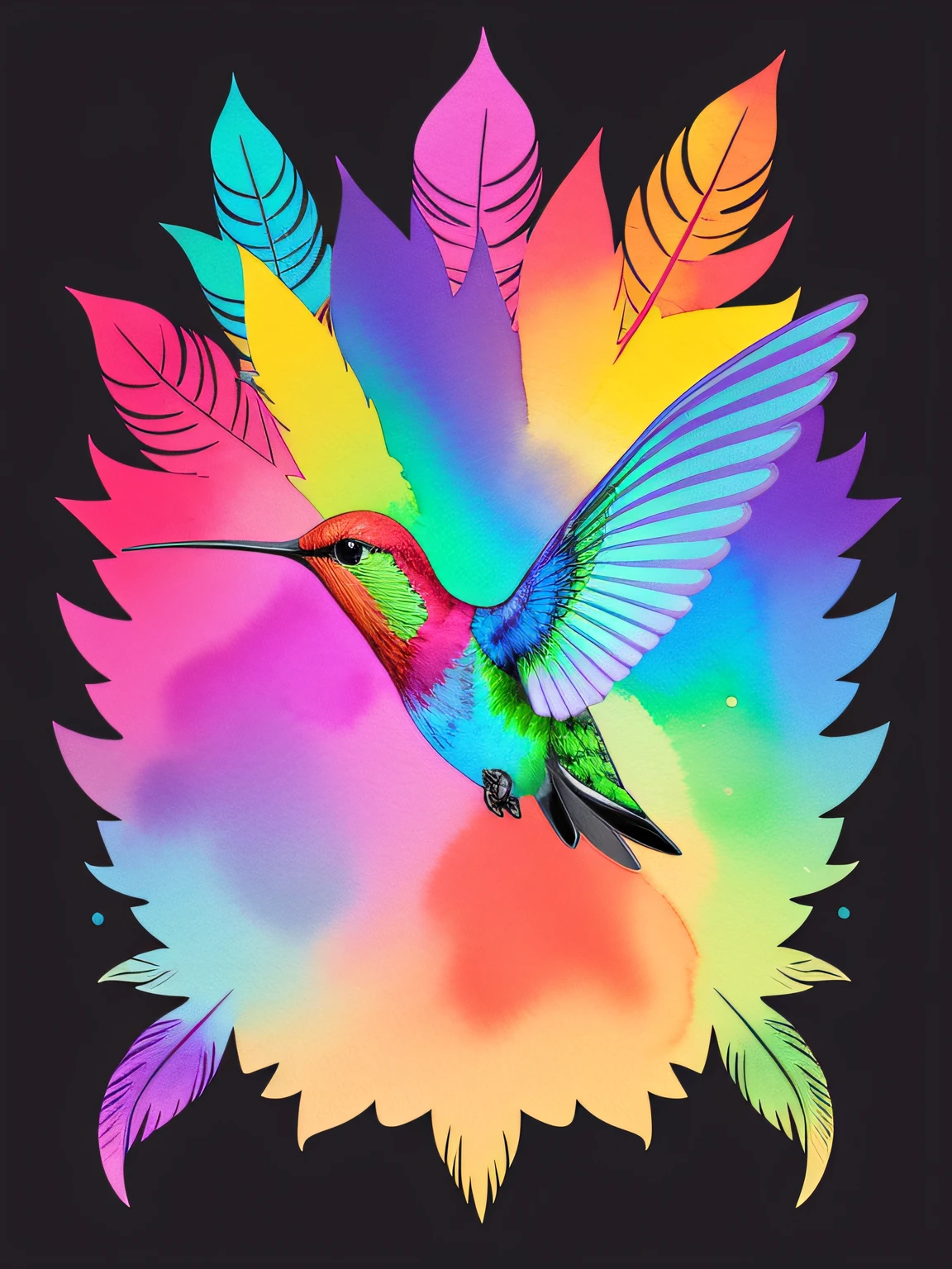 Vector-art of (rainbow-colored hummingbirds in a watercolor style: 1.3). Depict multiple hummingbirds with iridescent feathers in various shades of the rainbow. Use soft and blending watercolor brushstrokes to add a sense of fluidity and movement to the artwork. The hummingbirds can be shown in mid-flight, hovering around colorful flowers or drinking nectar from blossoms. This style should evoke a sense of enchantment and magical beauty, isolated, black background, in the style of 0mib