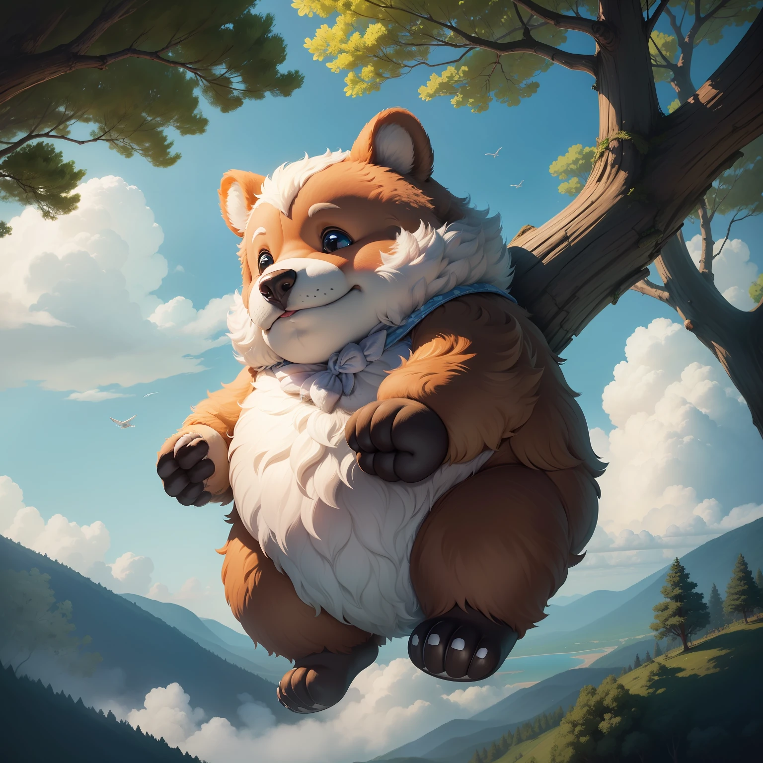 Era uma vez na pacata floresta, um ursinho fofo chamado Benji. Ele era um urso muito especial, pois diferente dos outros ursos, dreamed of flying through the blue skies. Whenever the children of the forest approached, Benji told his magical stories of how wonderful it would be to fly among the fluffy clouds. Os animais da floresta olhavam com curiosidade o urso sonhador, cartoon