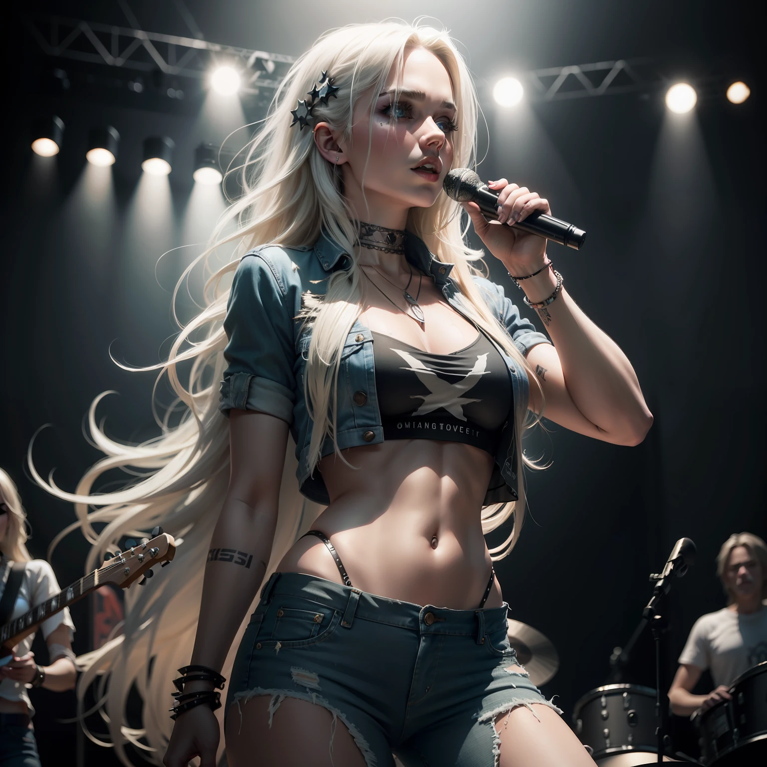 Beautiful Norwegian female rockstar singing on stage with long blonde messy hair, ripped design jeans, rockstar accessories, full body, photography, cinematic lighting, diffused soft lighting, cinematic noise, detailed skin, realistic, photo-realistic, highly detailed, shallow depth of field, sharp focus, real shadow, hyperrealism, 8k, sfw