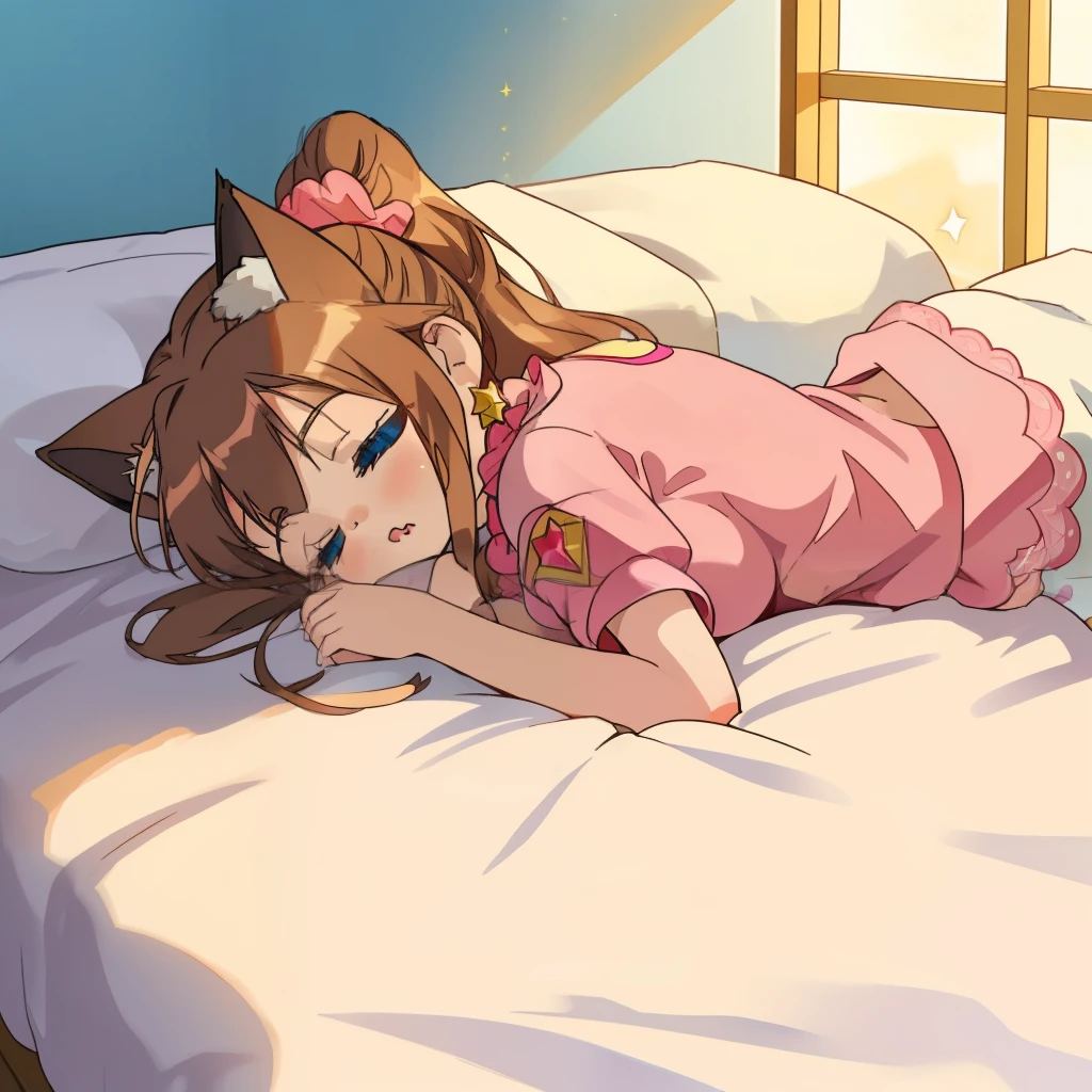 (Highly detailed CG Unity 8k wallpaper), (Best Quality), (Super Detail), (Best Illustration), (Best Shadow), POV, Realistic lighting and shading, Natural light, Lens flare effect, BREAK, 1 beautiful girl, Solo,(Cute:1.5),(Chibi:0.8), (kawaii:1.5),(:0.5), BREAK, ( (17 yl), Very detailed, colourfull, highest details, BREAK, (Huge breasts: 1. 2,), Clear skin, Beautiful skin, Shy skin, 1 beautiful girl, Brown hair, (Cat ears, Ponytail, medium-Long hair: 1. 2), (Light blue eyes, long eyelashes, Double eyelids: 1. 2), Solo, gleaming skin, BREAK, (Turning red:1.2), (She has her hair tied in a bun.:1.0), (Barefoot with colorful nails:1.0), (barechested:1.2), (pink scrunchie:1.0), (star-shaped earring:1.1), (Lace headband:1.0), (Cute Accessories:1.3), (Angle from the back,a bed,Sleeping face down:1.1),(Massage room background),