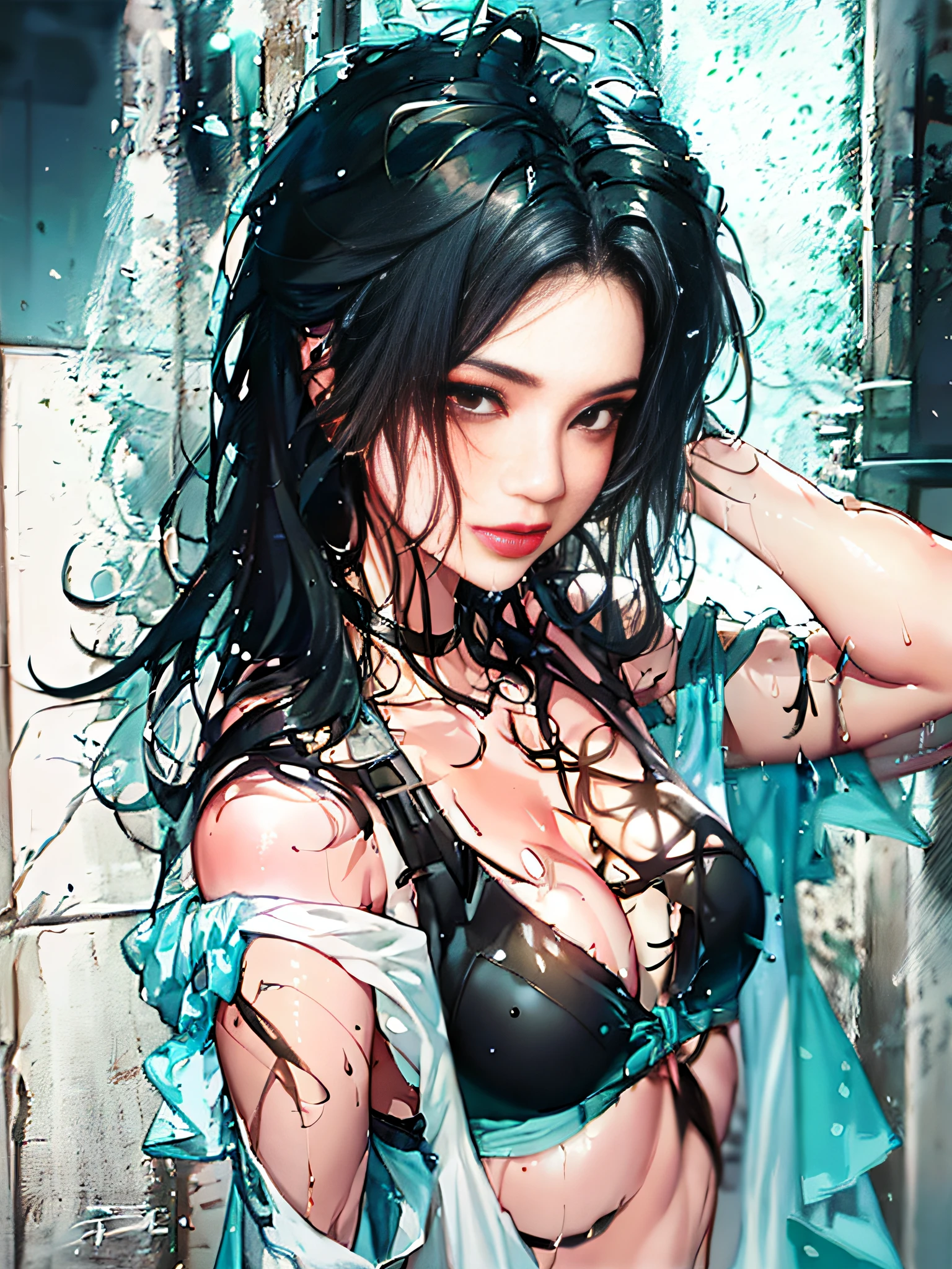 Araffe woman in a wet suit standing in a shower, cabelos molhados, wet flowing hair, Masayoshi Suto e Artgerm, Directed by: Yoshihiko Wada, Artgerm. anime illustration, Artgerm e Ilya Kushinov, Ross Tran 8 K, Artgerm em ArtStation Pixiv, Foto hiper-realista Luis Royo