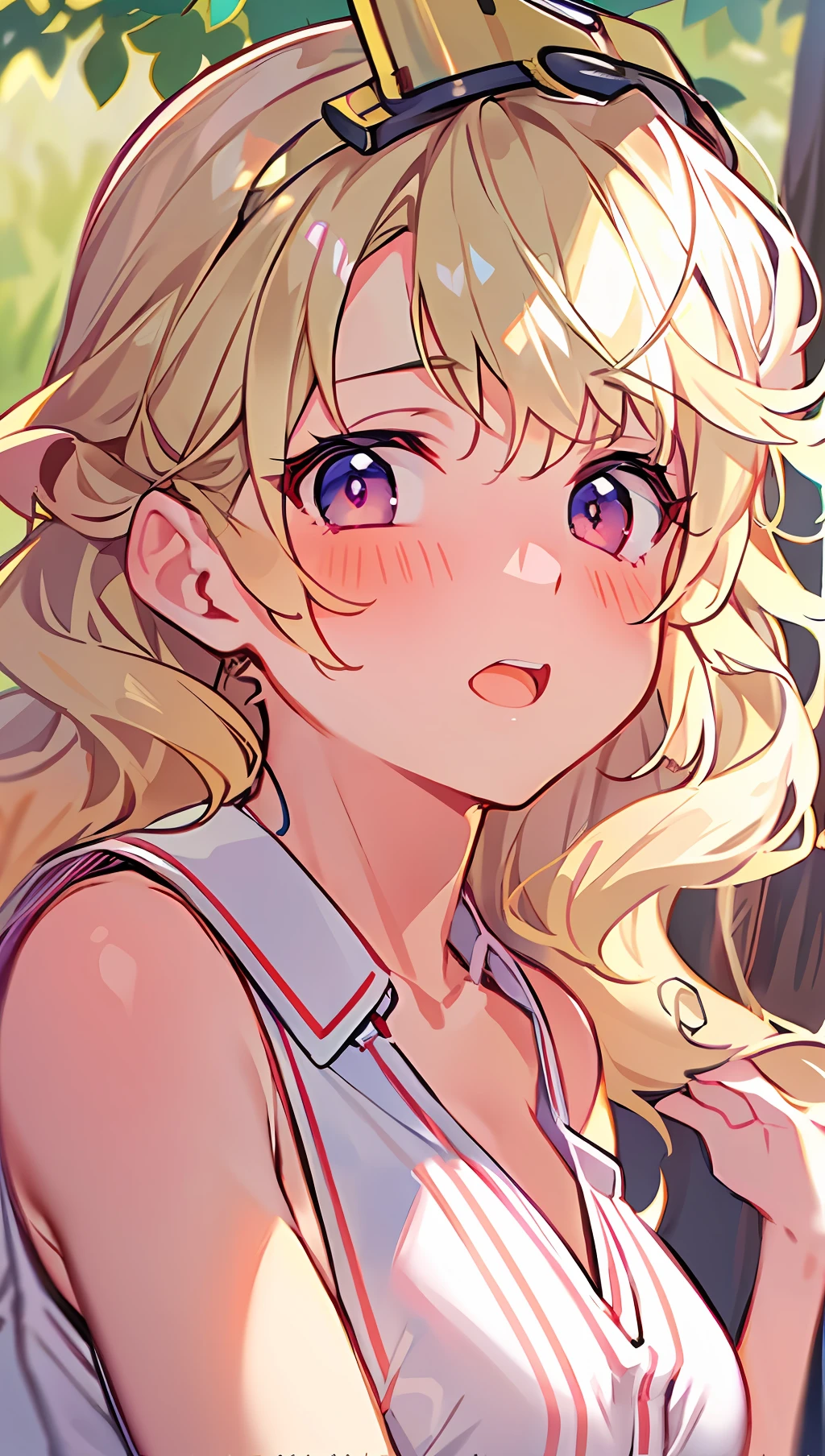 beautiful illustration, cute girl, upper body, blush, surprized, wavy hair, sleeveless, from side,small breasts, outdoor, blond hair