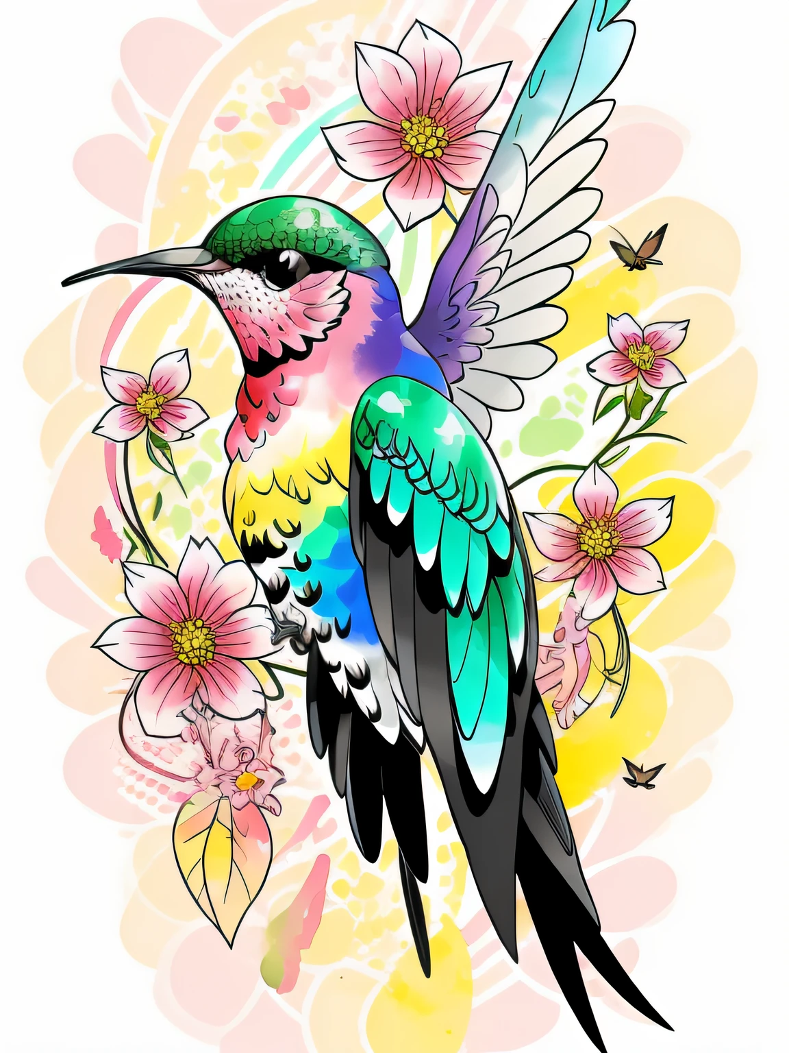 Vector-art of (rainbow-colored hummingbirds in a watercolor style: 1.3). Depict multiple hummingbirds with iridescent feathers in various shades of the rainbow. Use soft and blending watercolor brushstrokes to add a sense of fluidity and movement to the artwork. The hummingbirds can be shown in mid-flight, hovering around colorful flowers or drinking nectar from blossoms. This style should evoke a sense of enchantment and magical beauty, isolated, black background, in the style of 0mib