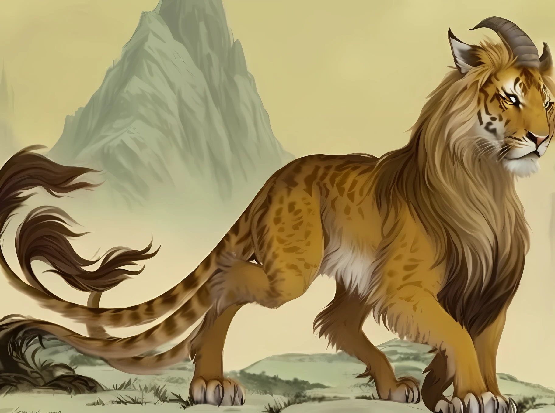 Draw a lion with horns and tail on the mountain,There are five-tailed mythical creatures, manticore, ancient creature, an ancient creature, mythological creatures, sabertooth tiger, male centaur centaur chimera, ancient mongolian elon musk, top horrible creatures, Smilodhon, cryptids, mythical whimsical creatures, sabertooth tiger, flying mythical beasts, a mythical creature