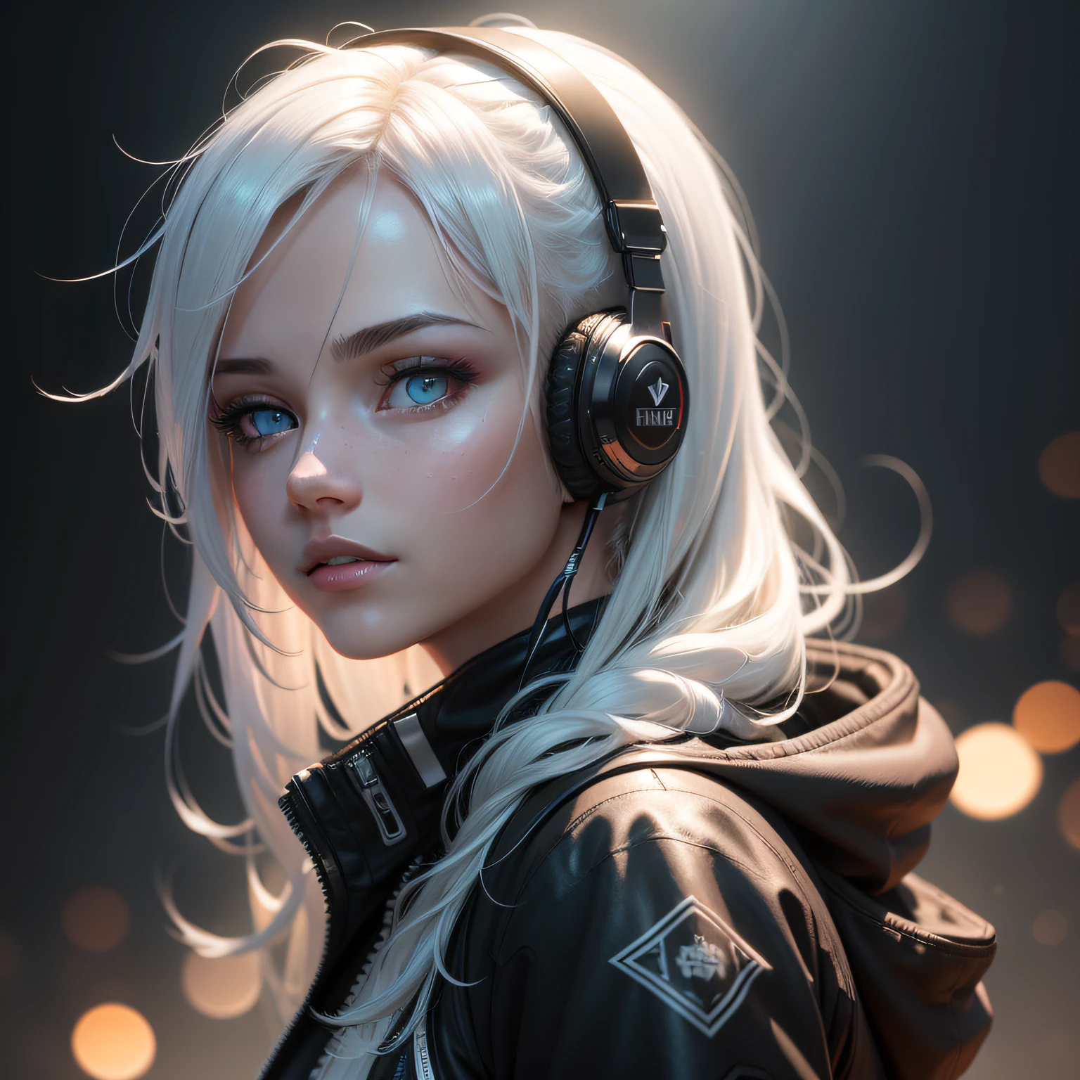 (on the moon, space, looking back into earth), white hair, black tank top, volumetric lighting, white jacket, glowing headphone, cyberpunk, futuristic, multi-color eyes, detailed eyes, hyper detailed,light smile,
highly detailed, beautiful, small details, ultra detailed, best quality, intricate, hyperrealism, sharp, digital illustration, detailed, realism, intricate, 4k, 8k, trending on artstation, good anatomy, beautiful lighting, award-winning, photorealistic, realistic shadows, realistic lighting, beautiful lighting, raytracing, intricate details, moody, rule of thirds, masterpiece, (illustration:1.1), highres, (extremely detailed CG, unity, 8k wallpaper:1.1), beautiful face, highly detailed face, ultra realistic, masterpiece, bokeh, extremely detailed, intricate, zoomout,
colorful, vibrant colors, red nail polish, side view,