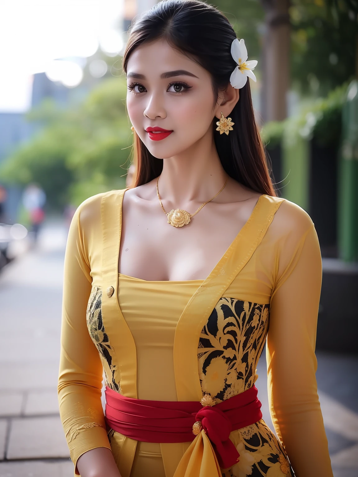 photography, woman,  portrait of woman wearing kebaya_bali in black long kebaya dress traditional, red lipstick, golden necklace, earrings, ornate, detail, flowers, blurry background, soft focus