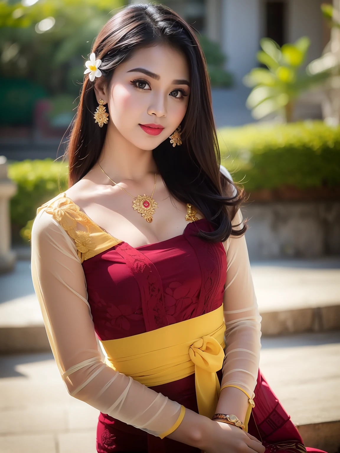 photography, woman,  portrait of woman wearing kebaya_bali in black long kebaya dress traditional, red lipstick, golden necklace, earrings, ornate, detail, flowers, blurry background, soft focus