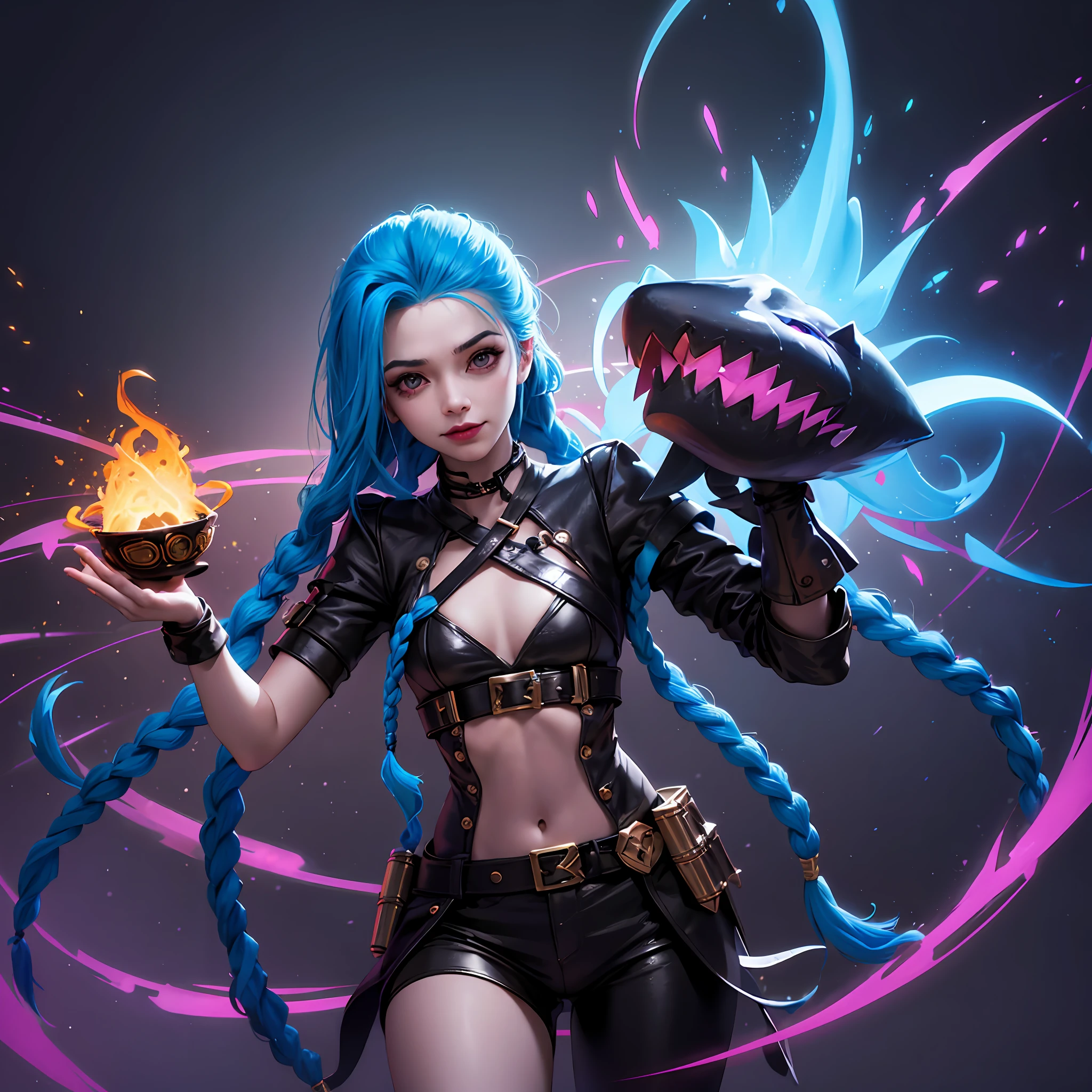 Jhinx, arcano, Jhinx personagem de League of Legends, long neon blue hair in braids, seios grandes perfeitos, Pouca roupa, underwear, Mulher Sex, perfect hands, Double hair braids, braided hair, Minipistola, light juxtaposition& sombra, Moody, intenso, feroz, Cinematic lighting, luz de raking, longas sombras luminosas, alta qualidade, smiling as he holds a shark-shaped rocket launcher, Rosto estilo anime, corpo perfeito, Mini saia, Steampunk clockpunk --ar 6:9 --s 1000 --c 12 --q 2 --v 5.2