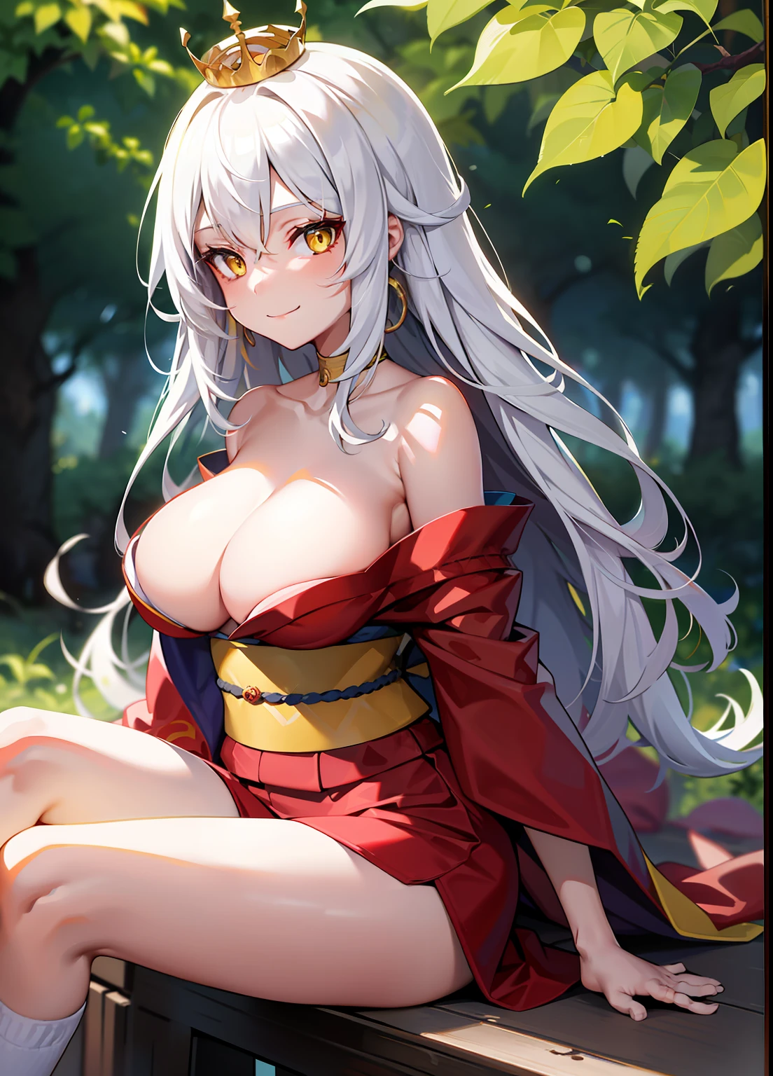 1girll, Yellow eyes, Long hair, White hair, Sitting, red kimono, Large breasts, Topless, Light smile, arms back behind, Nature, hair adornments, White cotton socks,Golden crown