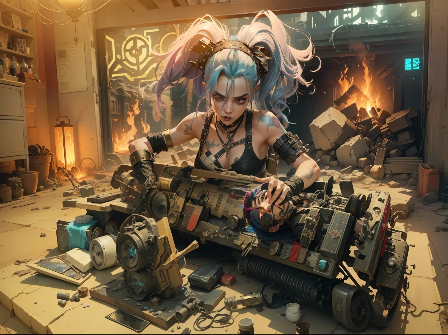 ((Best quality)), ((masterpiece)), (highly detailed:1.3), 3D, arcane style,In the dark and courageous dystopian city of Piltover, plagued by violence and divided into two opposing factions, a young prodigy named Jinx emerges. Having endured unimaginable loss and abandonment, she embraced a life of chaos and destruction. Known for her inventive and explosive abilities, Jinx becomes an icon of rebellion against the oppressive forces that control the city. However, haunted by guilt and battling inner demons, she must confront her past and decide whether to continue on the path of anarchy or seek redemption amid the turmoil. Explore Jinx's journey as she navigates a treacherous world, fighting for survival, unlocking secrets, and discovering the true meaning of her twisted existence, chaos reigns supreme, and at the center of it all is Jinx, the embodiment of unpredictability. Delve deep into Jinx's twisted mind, exploring the origins of his madness and the driving force behind his destructive nature. Unravel the moments that shaped her into the crazed, iconic character we know. Take us on a wild journey through the vibrant streets of Piltover and the shadowy suburb of Zaun as Jinx wreaks havoc with his explosive arsenal. Can redemption find its way into Jinx's fractured soul? Or will she dance forever on the edge of sanity, embracing the chaos that fuels her very existence? Arcane's fate hangs in the balance as Jinx's path intertwines with unlikely allies and formidable enemies. Ignite your imagination and paint a vivid portrait of Jinx's distorted psyche, capturing the essence of her madness and the indomitable spirit that defines it, HDR (High Dynamic Range), Ray Tracing, NVIDIA RTX, Super-Resolution, Unreal 5, Subsurface Scattering, PBR Texturing, Post-processing, Anisotropic Filtering, Depth of Field, Maximum Clarity and Sharpness, Multit Textures