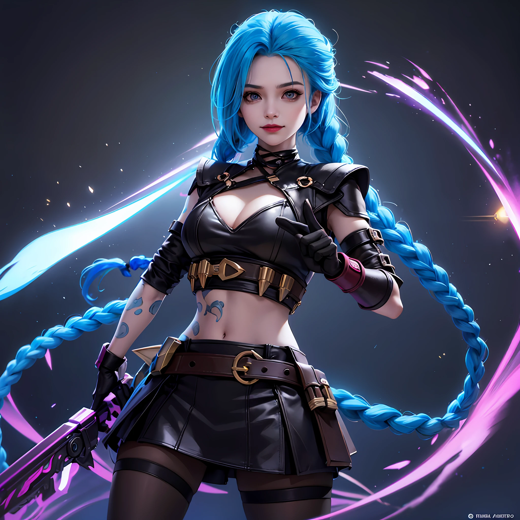 Jhinx, arcano, Jhinx personagem de League of Legends, long neon blue hair in braids, seios grandes perfeitos, Pouca roupa, underwear, Mulher Sex, perfect hands, Double hair braids, braided hair, Minipistola, light juxtaposition& sombra, Moody, intenso, feroz, Cinematic lighting, luz de raking, longas sombras luminosas, alta qualidade, smiling as he holds a shark-shaped rocket launcher, Rosto estilo anime, corpo perfeito, Mini saia, Steampunk clockpunk --ar 6:9 --s 1000 --c 12 --q 2 --v 5.2
