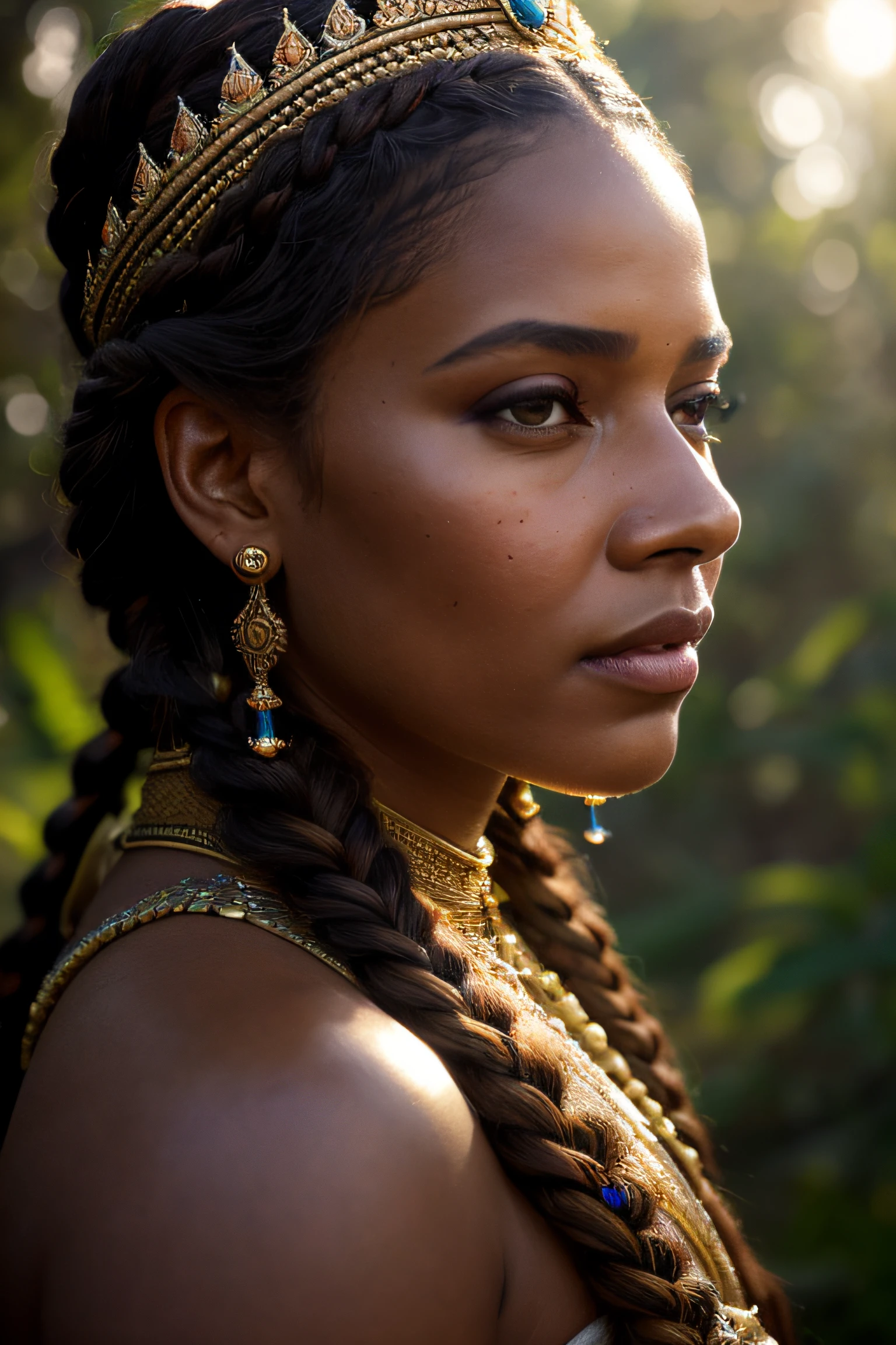close up portrait of a 24 year-old beautiful malagasy medieval fantasy queen, plump lips, gorgeous hazel-colored eyes, long hair, dutch braids, elaborate hairdo, enticing look, serious expression, rich regal traditional fantasy north african regal clothes, filigree jewels, in a fantasy malagasy palace, (backlighting), realistic, masterpiece, highest quality, lens flare, shade, bloom, [[chromatic aberration]], by Jeremy Lipking, by Antonio J. Manzanedo, digital painting