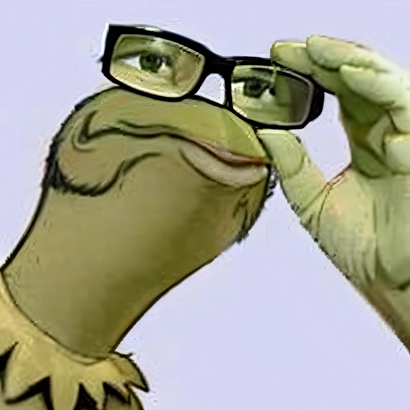 araffe with glasses on his face and a hand holding a banana, as a muppet, pepe, 4 chan pepe, muppet, pepe frog, internet meme, pepe the frog, peep the horror, kermit, !!wearing glasses!!, kek, meme, sad muppet eyes, wears glasses, peepo the frog!!!, grotty, gonzo, kenku