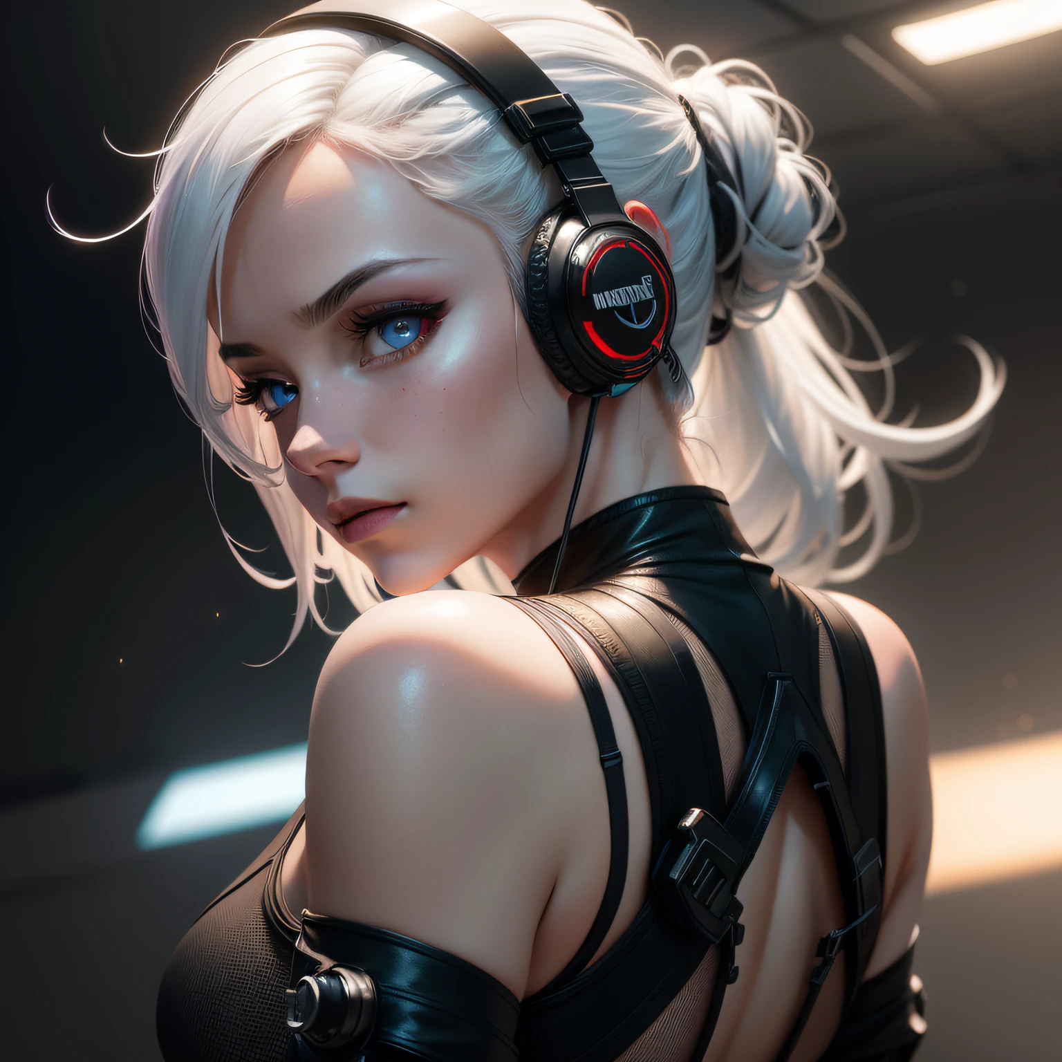 (on the moon, space, looking back into earth), white hair, black tank top, volumetric lighting, white jacket, glowing headphone, cyberpunk, futuristic, multi-color eyes, detailed eyes, hyper detailed,light smile,

highly detailed, beautiful, small details, ultra detailed, best quality, intricate, hyperrealism, sharp, digital illustration, detailed, realism, intricate, 4k, 8k, trending on artstation, good anatomy, beautiful lighting, award-winning, photorealistic, realistic shadows, realistic lighting, beautiful lighting, raytracing, intricate details, moody, rule of thirds, masterpiece, (illustration:1.1), highres, (extremely detailed CG, unity, 8k wallpaper:1.1), beautiful face, highly detailed face,  ultra realistic, masterpiece, bokeh, extremely detailed, intricate, zoomout,

colorful, vibrant colors, red nail polish, side view,