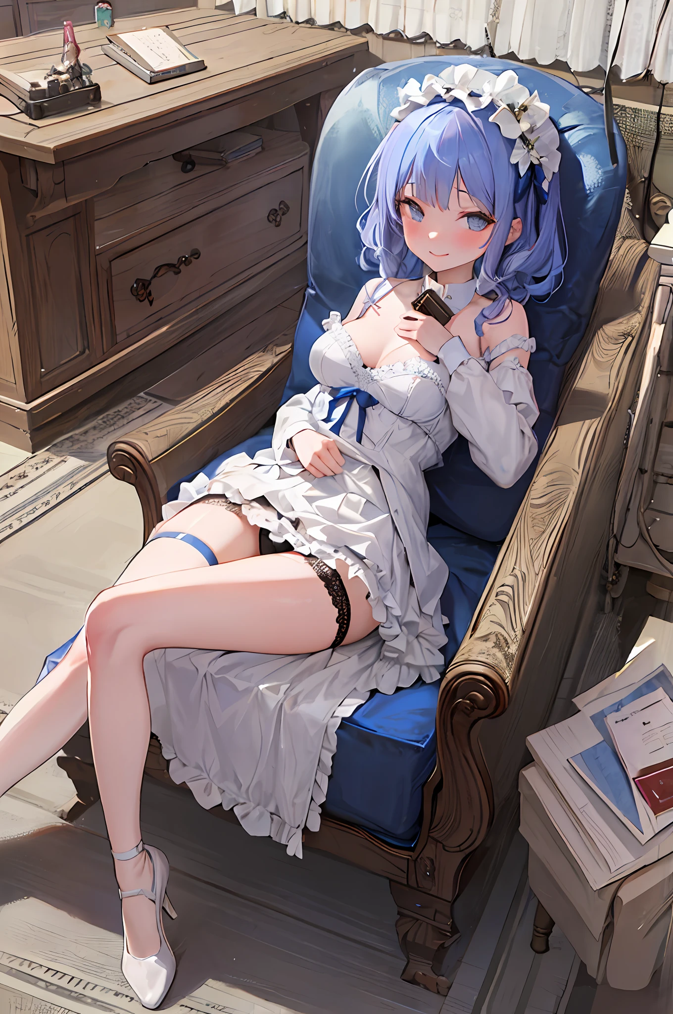 girl on top, cute, nice lingerie, perfect face, blue eyes, hand up lace skirt, underskirt view, skirt, raised leg, domineering look, view between the legs, lace panties, panties visible, panties peeking out, view from the under of the skirt, lace lingerie, panty view, sexy, smile, teasing look, peeing