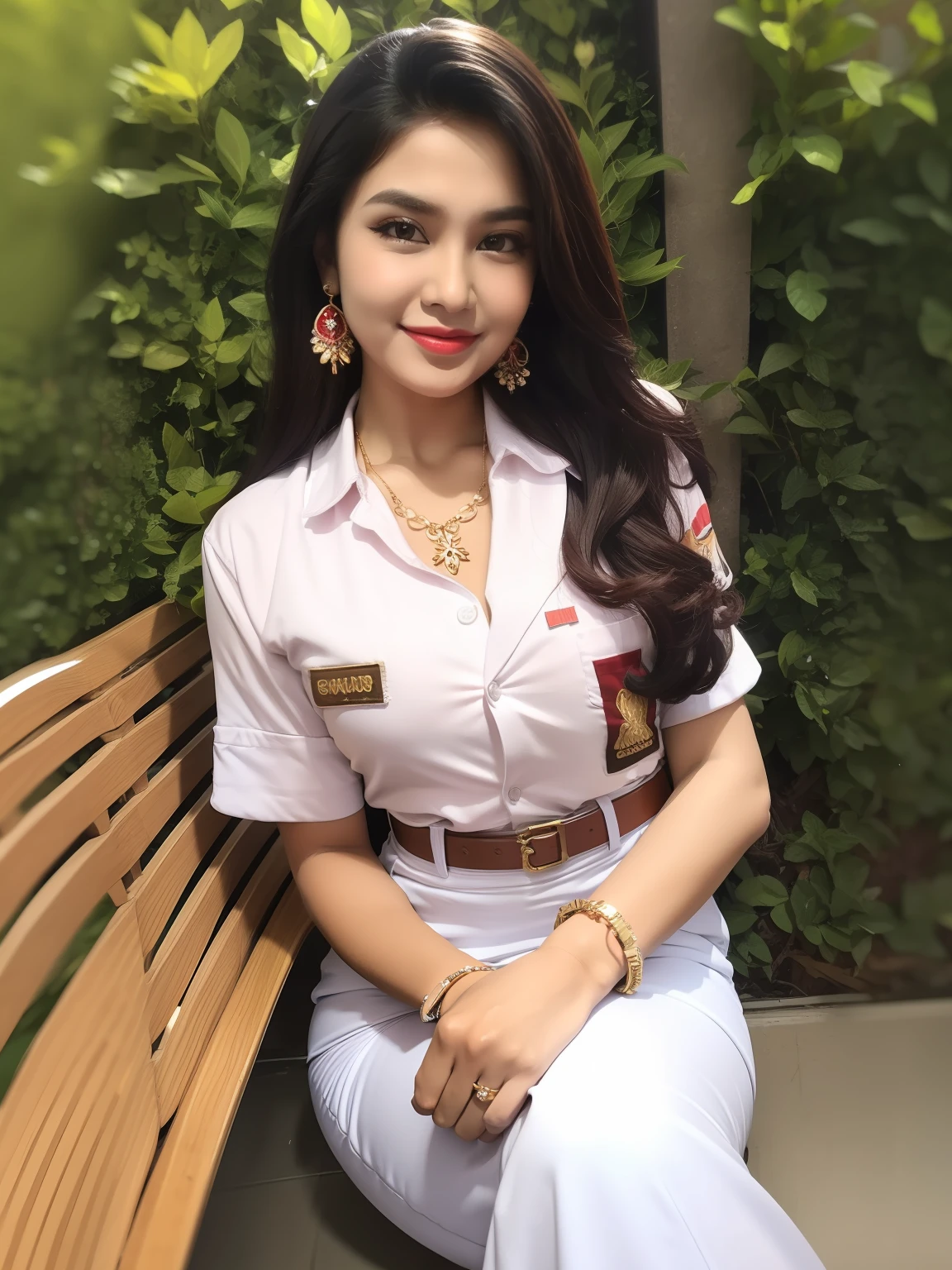 photography, woman,  portrait of woman wearing Indonesian_high_school, red lipstick, golden necklace, earrings, ornate, detail, flowers, blurry background, soft focus