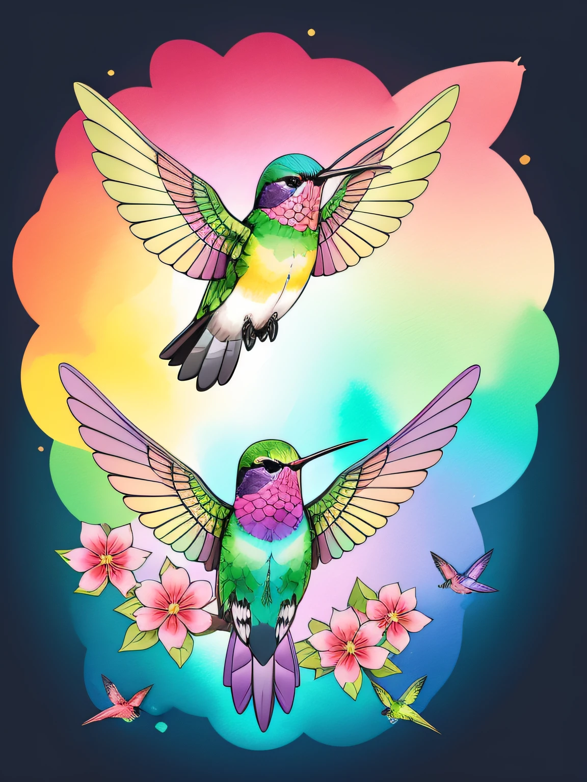 Vector-art of (rainbow-colored hummingbirds in a watercolor style: 1.3). Depict multiple hummingbirds with iridescent feathers in various shades of the rainbow. Use soft and blending watercolor brushstrokes to add a sense of fluidity and movement to the artwork. The hummingbirds can be shown in mid-flight, hovering around colorful flowers or drinking nectar from blossoms. This style should evoke a sense of enchantment and magical beauty, isolated, black background, in the style of 0mib