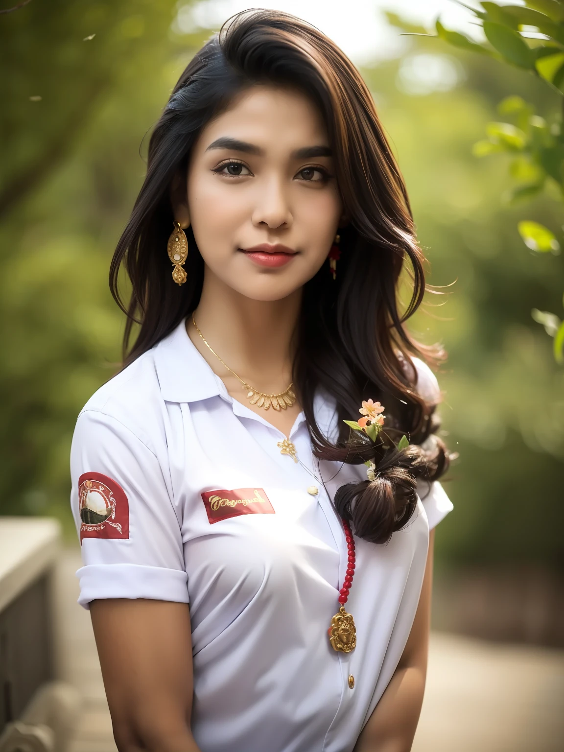 photography, woman,  portrait of woman wearing Indonesian_high_school, red lipstick, golden necklace, earrings, ornate, detail, flowers, blurry background, soft focus
