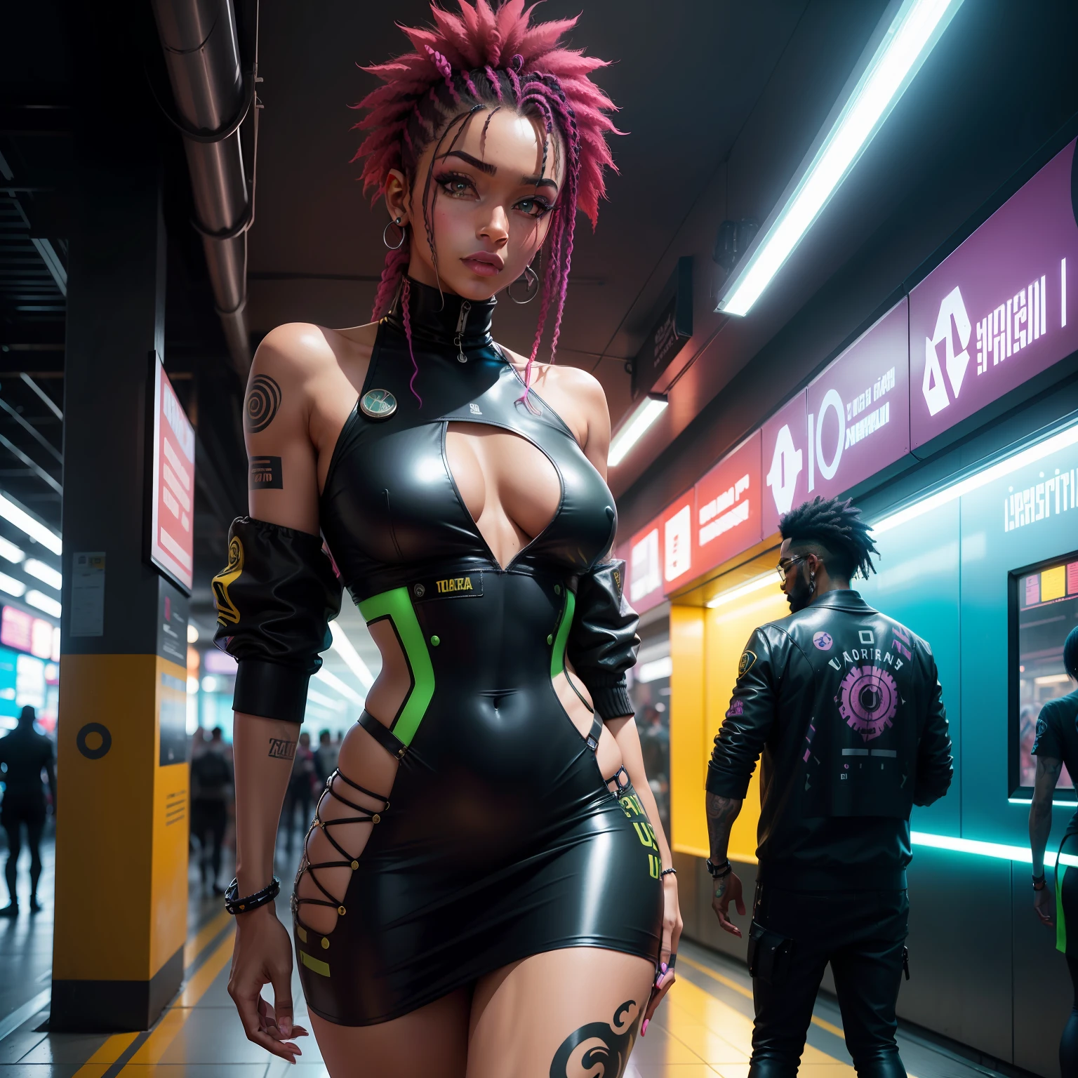 Eu gostaria de uma imagem estilo cyberpunk em 4k , homens vestido com camisa grande larga cyberpunk futuristica, africana, 45anos, pele negra ,barba grande,com cabelo punk estilo anos 80 na cor amarelo ,muito eLegante,, futurista e estiloso neon , com uma tatuagem super colorida e com neon ,Toattoo, facing a metro station on the platform , with station lights failing in a dimly lit environment, standing dressed in a dark yellow suit ,estilo cyberpunk 2077 com uma gravata borboleta rosa, vestido com camisa larga, Camisa Masculina.