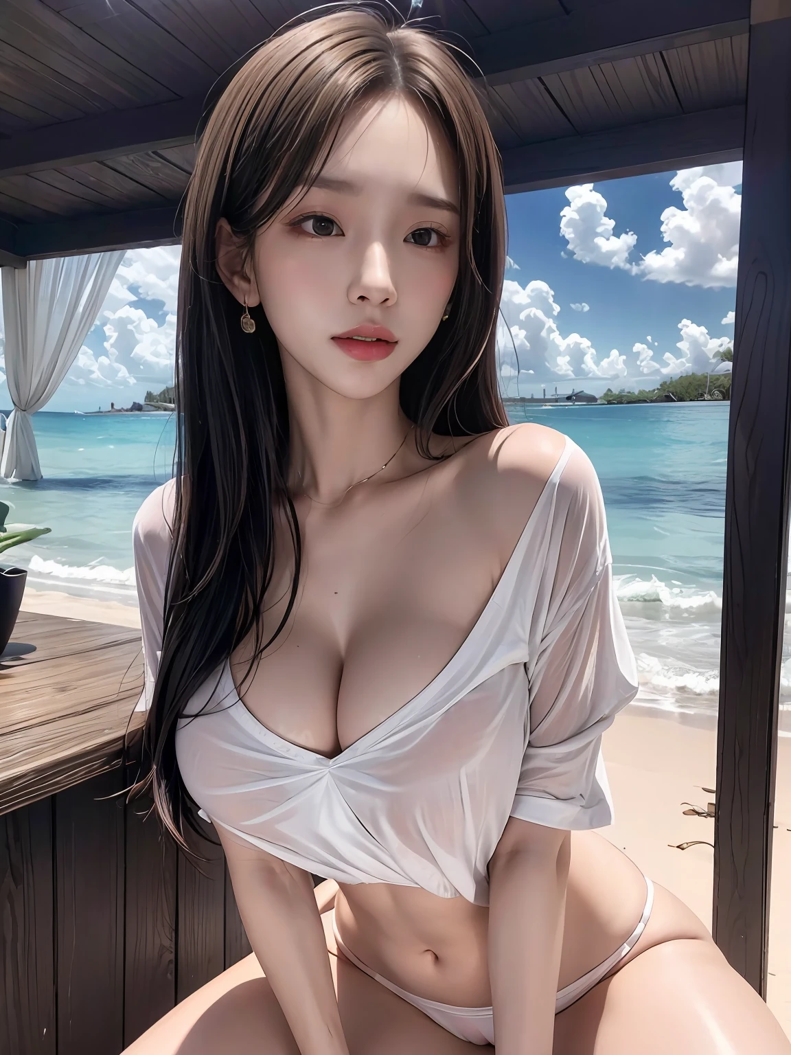 Moaning in pain, Feeling pain, tearing, sores, Crying, Bust Botox, sleeping beauty on back, wet skin and hair, firm breast cleavage, Black hair, (White shirt, Naked lower body, Torn, mid-chest torn shirt, No underwear, shirt covers Live ass),, The whole body is in the shot, on the lap, squatt, brunette color hair, long whitr hair, Thorough, large tall, Force real water, White less cloth transparent mini shirt, White transparent thong, beachside, RAWE is very detailed, ahegao, roll eyes, Be red in the face,, Sticky tongue, Vaginal rupture, Leucorrhoea, very Bigger breasts, Grasp your breasts with both hands,spread their legs, sexually arousing, sexual expressio, Glossy glossy skin。Tongue stock,Makeup,cheerfulness,Reflectors,ahegao,Pink eyes,Heart earrings,1,Solo,Female pervert,hair flower,Long hair,multicolored hair,Shiny hair,