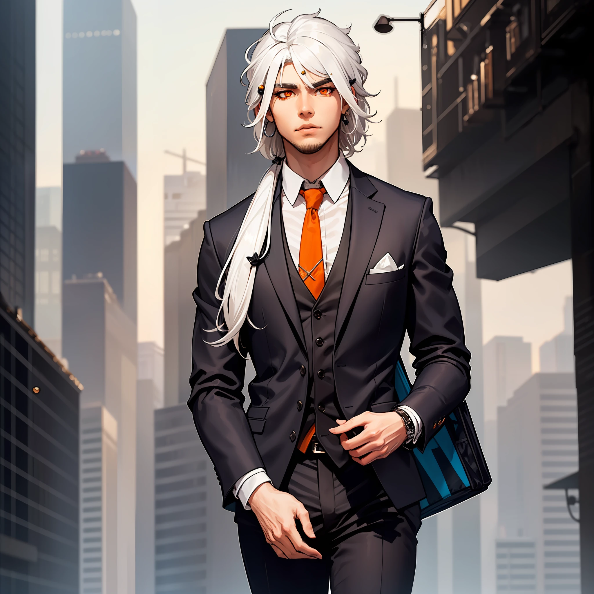 He has (pure white hair:1.5). His hair is (moderate length:0.9) and (very thick:1.1). He wears (bells:1.2) in his hair. He has (orange eyes:1.2). He has (no beard:0.8). He is (tall:1.1). He is wearing a (suit:1.2).