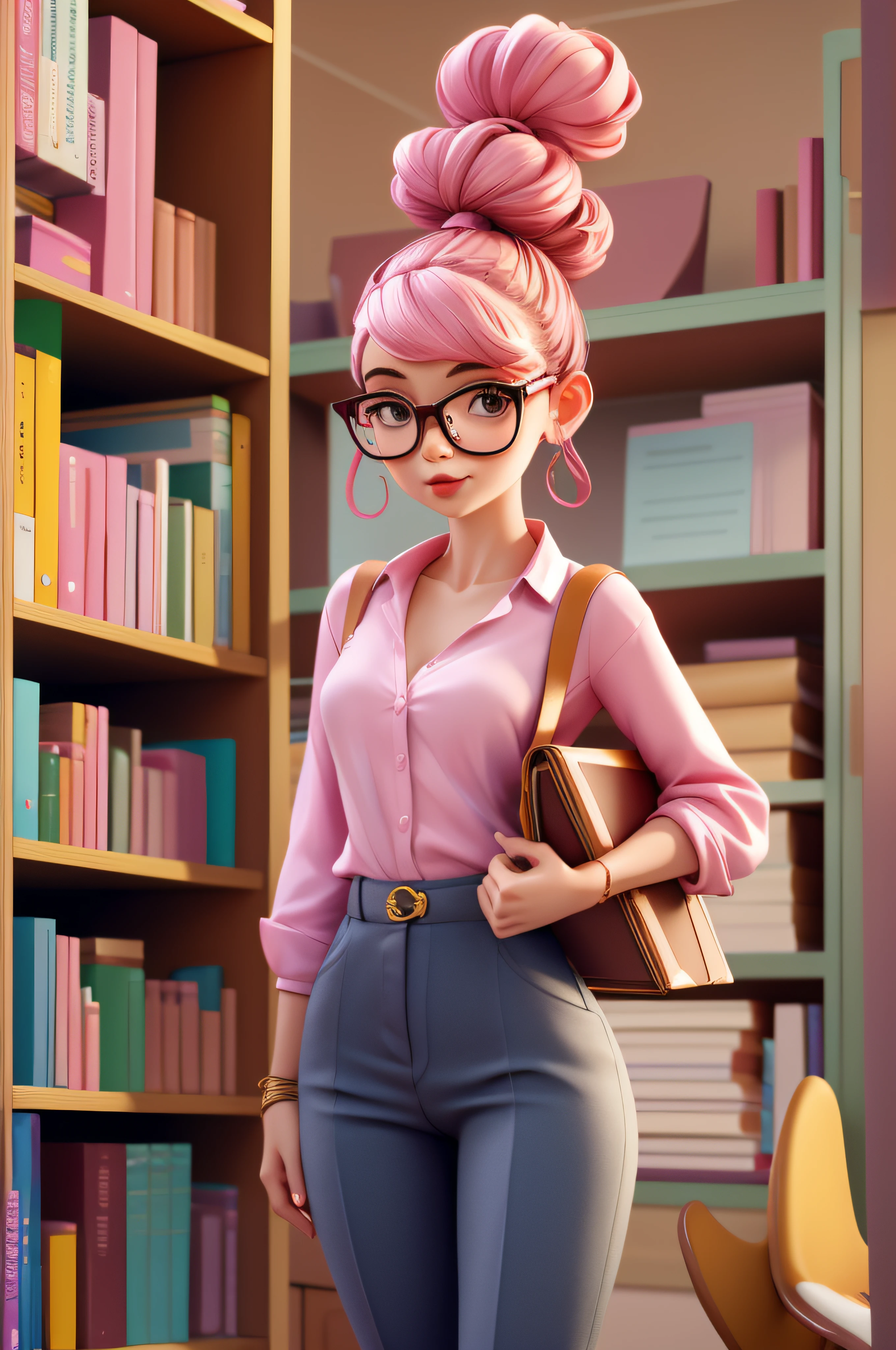 3dcharacter, 1 menina, mulher adulta das Maldivas, sardas, hazelnut eyes, frohawk rosa, jammers, (corpo inteiro: 1.2), fundo simples, obra-prima, melhor qualidade, (fundo gradiente de ameixa clara: 1.1), She's in a library and she's in a pink blouse and glasses. Her right hand has an ipad and in her left hand a book. On the cover of the book is written "6 dolls in literary works."