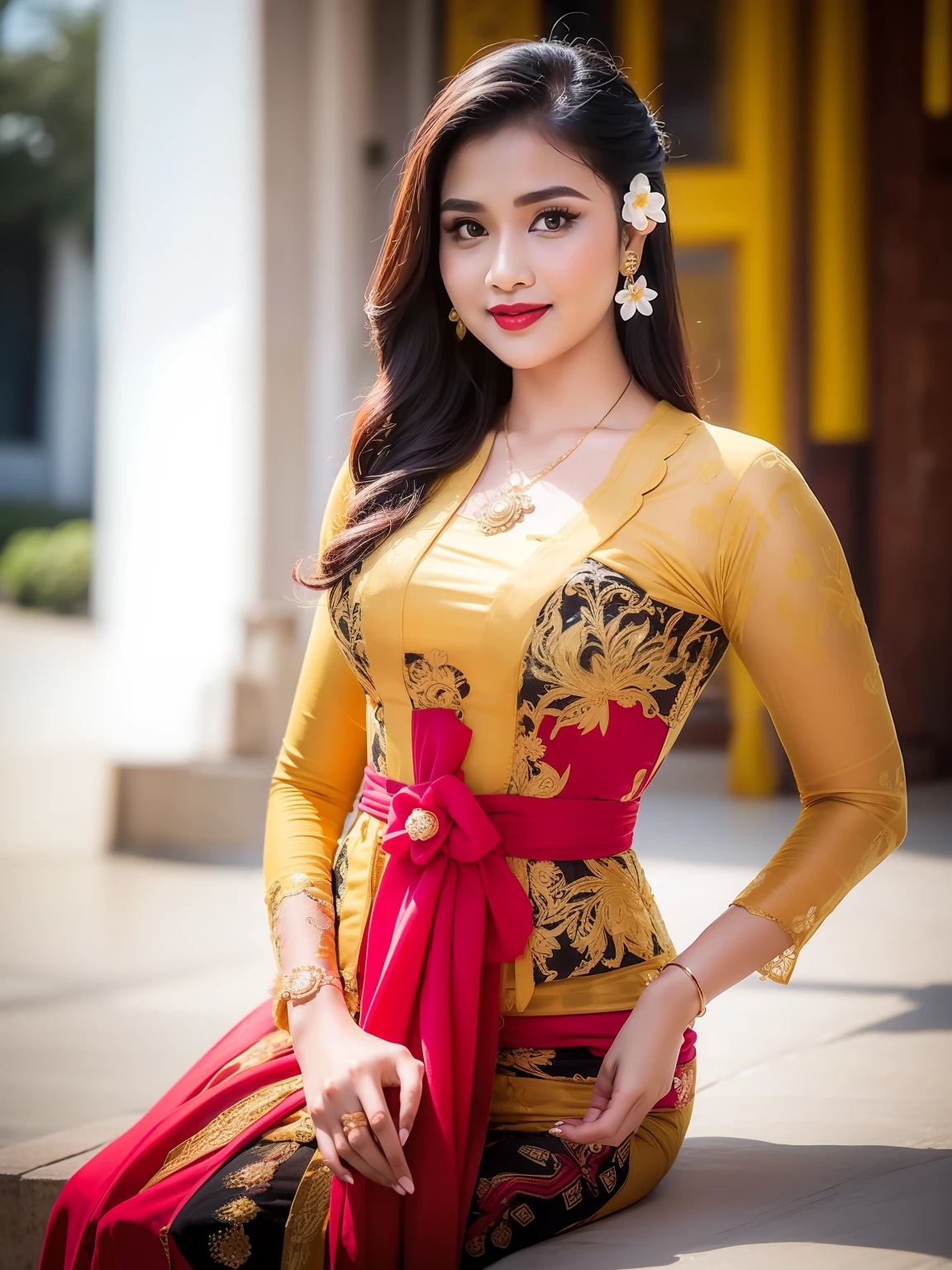 photography, woman,  portrait of woman wearing kebaya_bali in black long kebaya dress traditional, red lipstick, golden necklace, earrings, ornate, detail, flowers, blurry background, soft focus