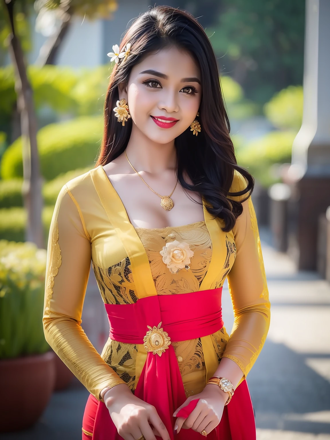 photography, woman,  portrait of woman wearing kebaya_bali in black long kebaya dress traditional, red lipstick, golden necklace, earrings, ornate, detail, flowers, blurry background, soft focus