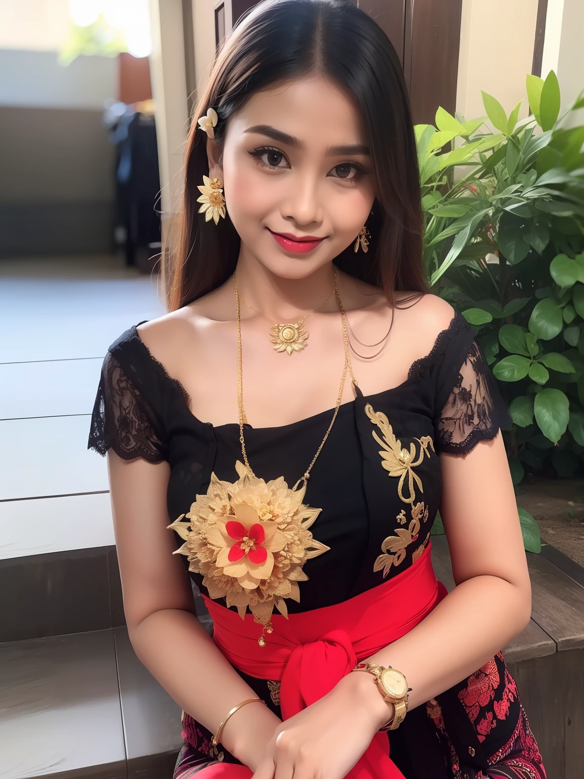 photography, woman,  portrait of woman wearing kebaya_bali in black long kebaya dress traditional, red lipstick, golden necklace, earrings, ornate, detail, flowers, blurry background, soft focus