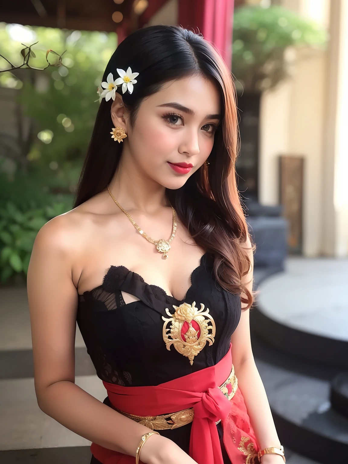 photography, woman, portrait of woman wearing kebaya_bali in black long kebaya dress traditional, red lipstick, golden necklace, earrings, ornate, detail, flowers, blurry background, soft focus