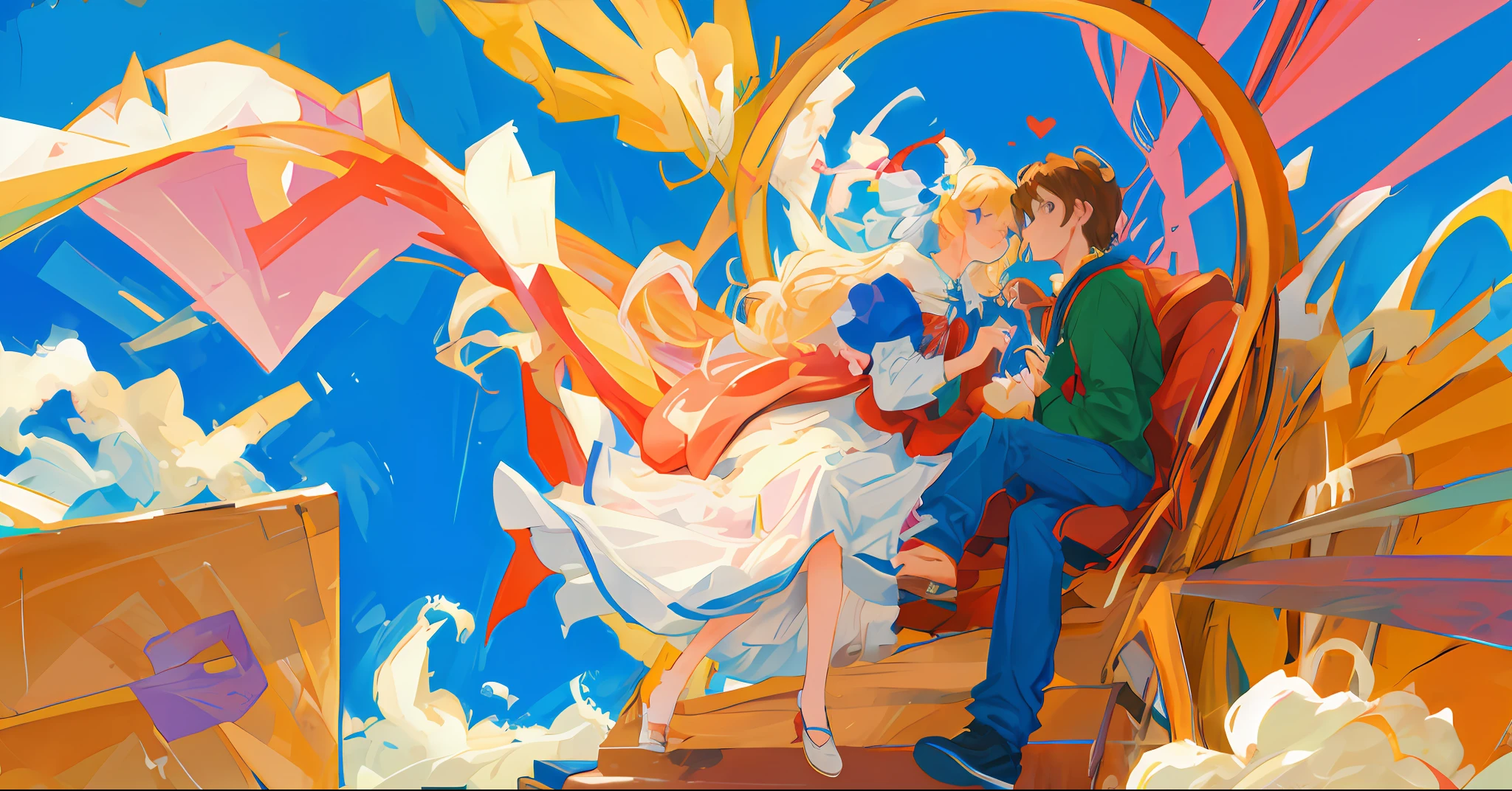 A couple floating in a heart made of clouds, estilo cartoon, bem detalhado, artistic work, linearidade fina