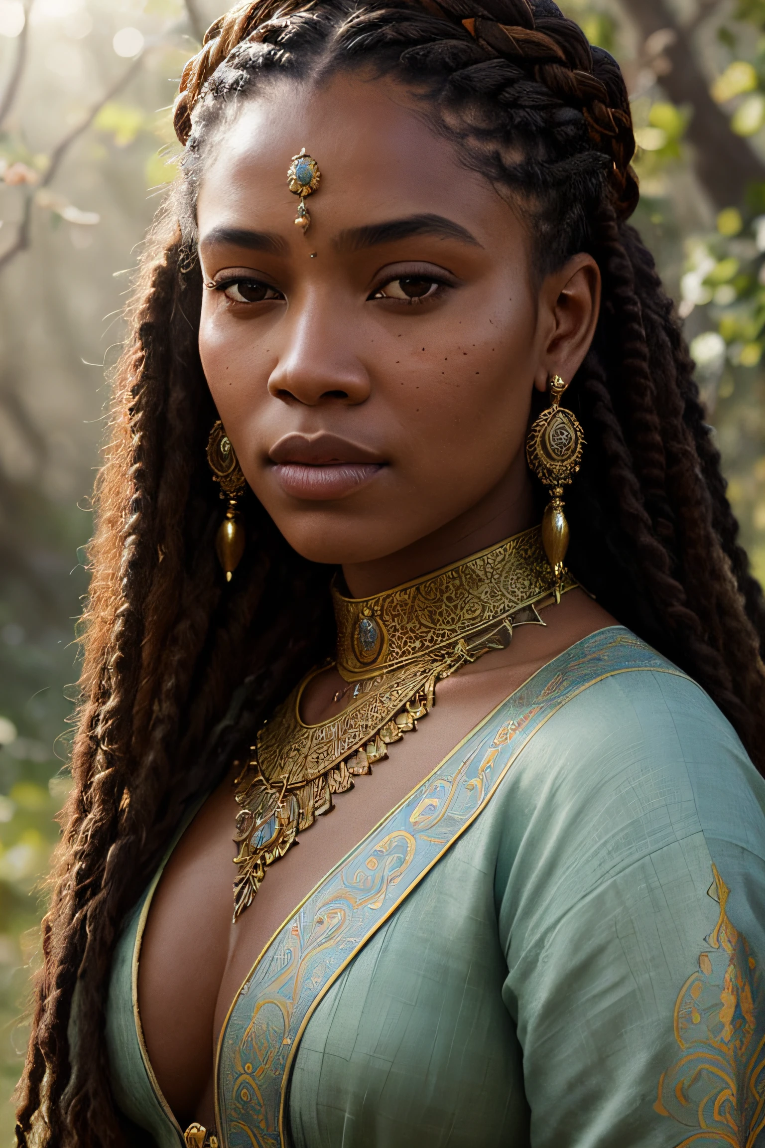 close up portrait of a 24 year-old beautiful blasian medieval fantasy queen, plump lips, gorgeous hazel-colored eyes, long hair, dutch braids, elaborate hairdo, serious look, steadfast expression, slim, rich regal traditional fantasy north african regal clothes, filigree jewels, in a fantasy malagasy palace, (backlighting), realistic, masterpiece, highest quality, lens flare, shade, bloom, [[chromatic aberration]], by Jeremy Lipking, by Antonio J. Manzanedo, digital painting