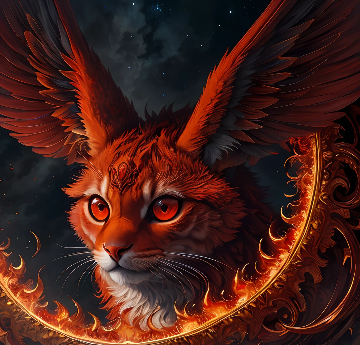 hight resolution, (Lebhaft), Nacht, auf einer Wolke thronend, happy, (ultra quality), Waffe, ((big red eyes)), Extrem detailliert, Independence, Highly detailed, professional majestic oil painting by Ed Blinkey, (8K UHD), Extrem detailliert, Reflexion, von Jean-Baptiste Monge,