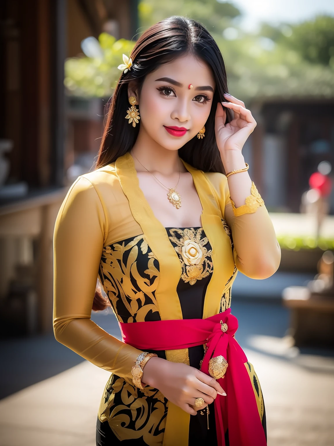 photography, woman, portrait of woman wearing kebaya_bali in black long kebaya dress traditional, red lipstick, golden necklace, earrings, ornate, detail, flowers, blurry background, soft focus