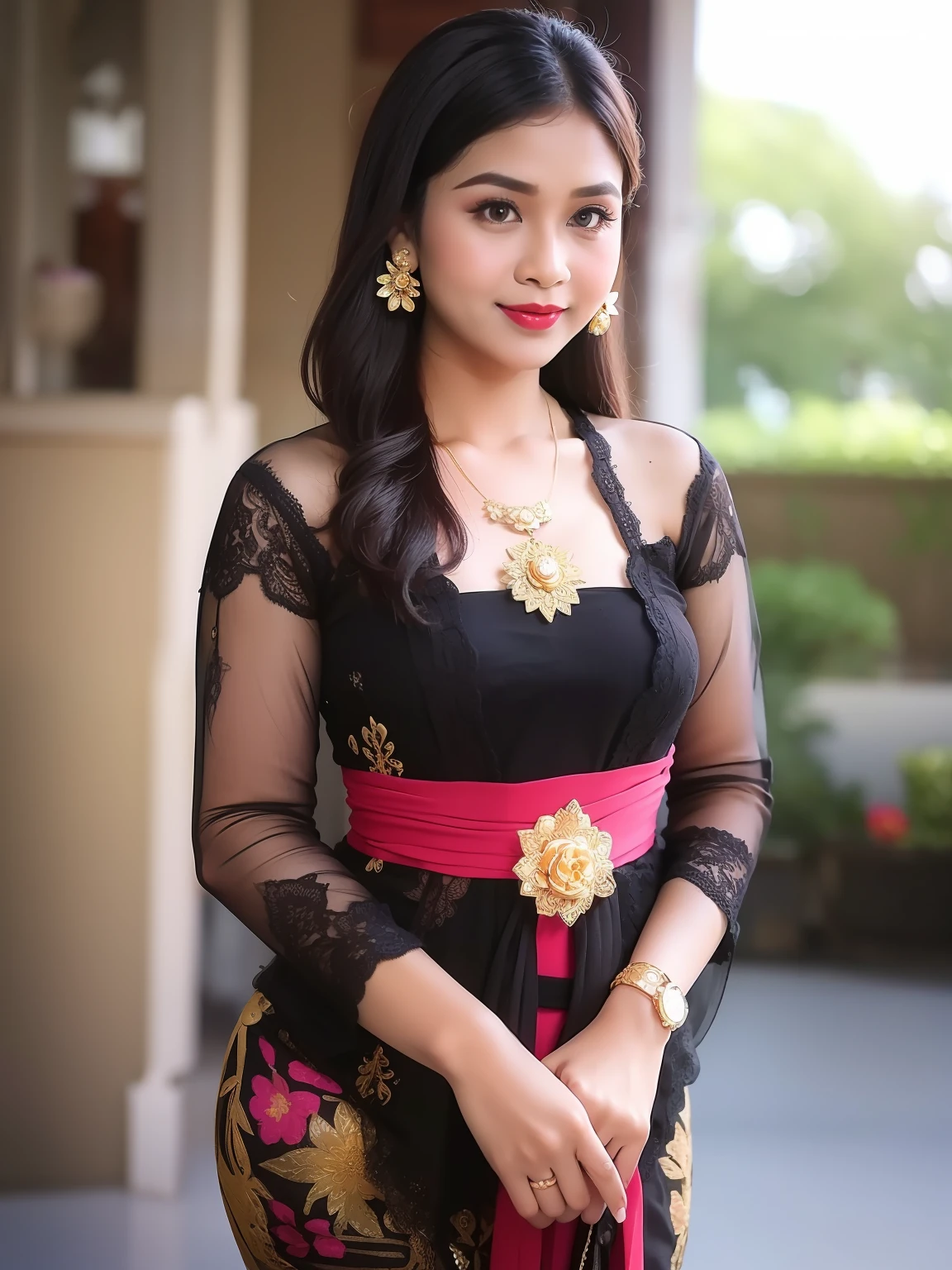 photography, woman,  portrait of woman wearing kebaya_bali in black long kebaya dress traditional, red lipstick, golden necklace, earrings, ornate, detail, flowers, blurry background, soft focus