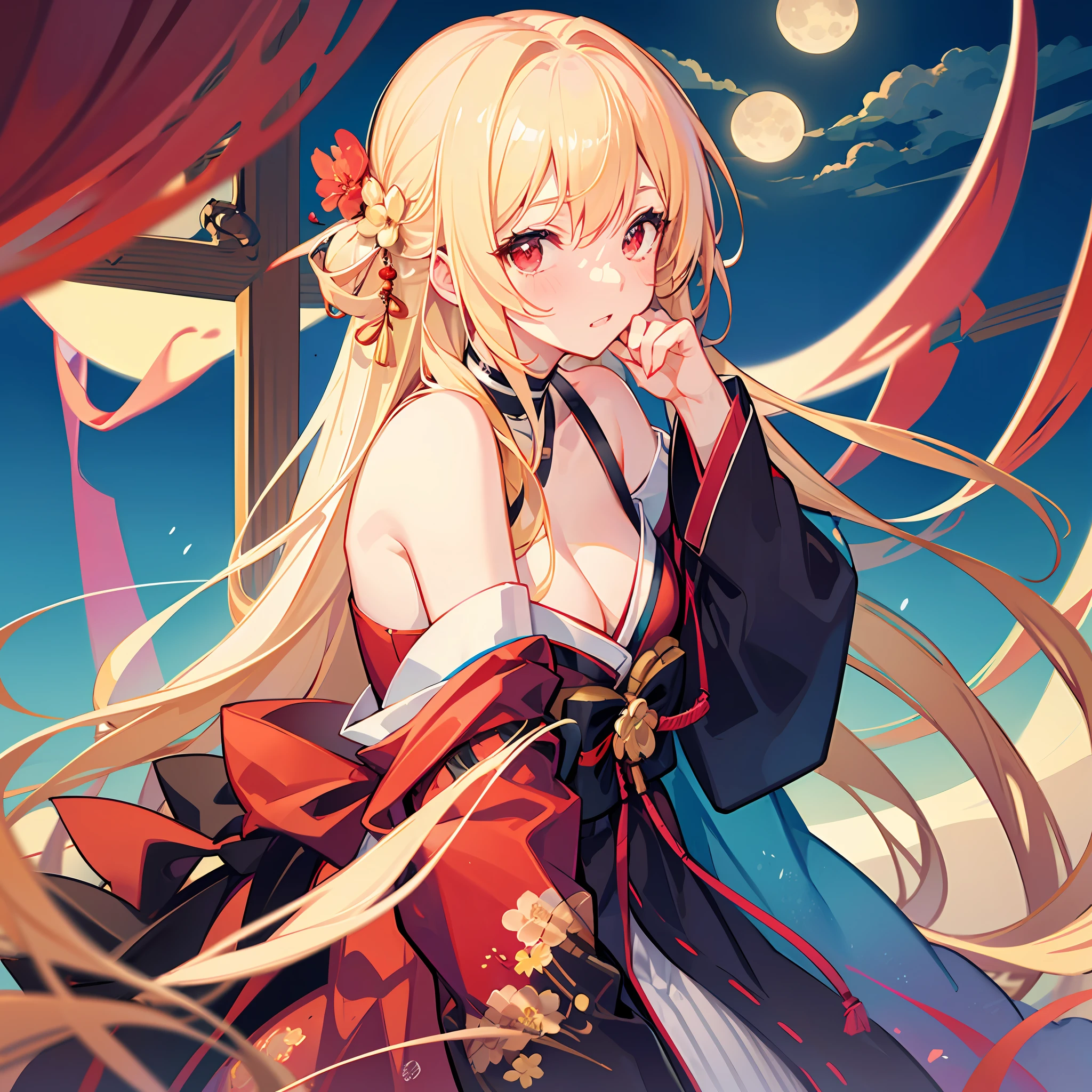 red blush、a blond、red eyes、Beautiful girl alone、animesque、独奏、Kimono、off shoulders、lonely、natta、a moon